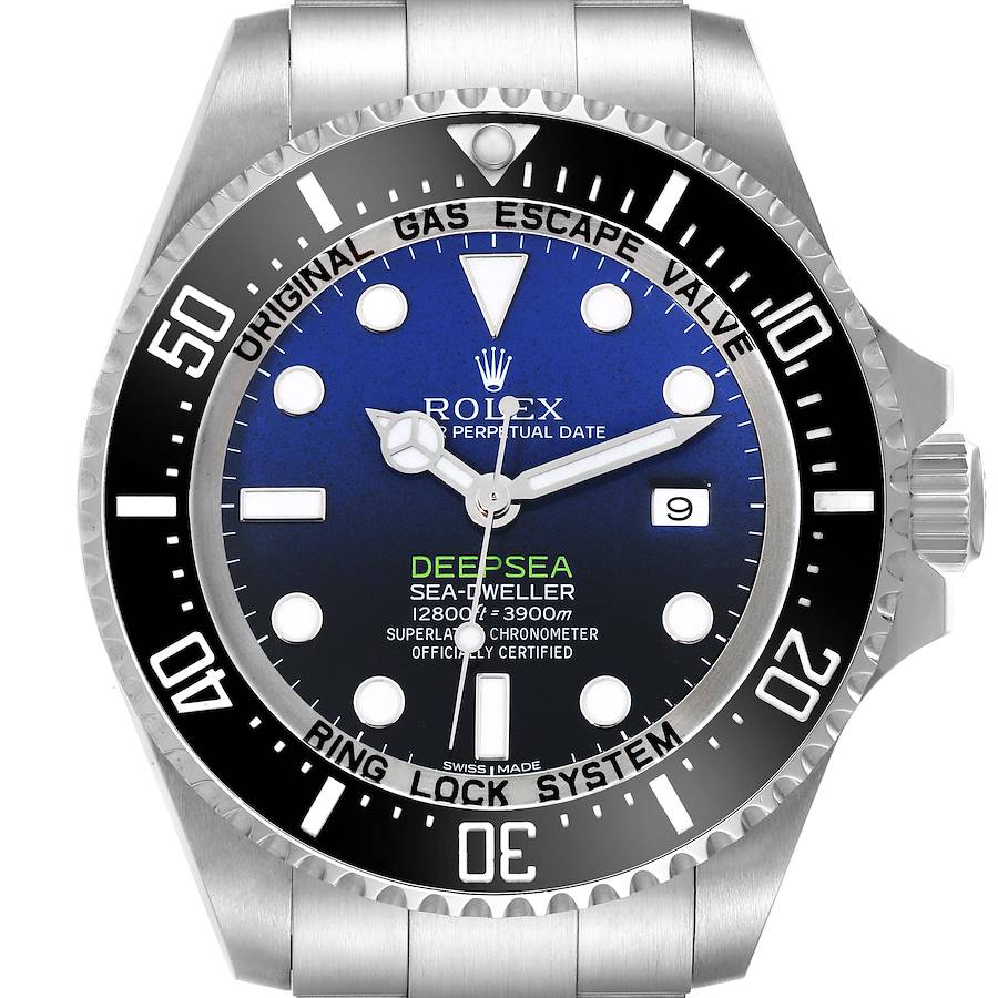 This image shows a front view of the Rolex Sea-Dweller watch, highlighting the bezel, dial, hands, and date window.