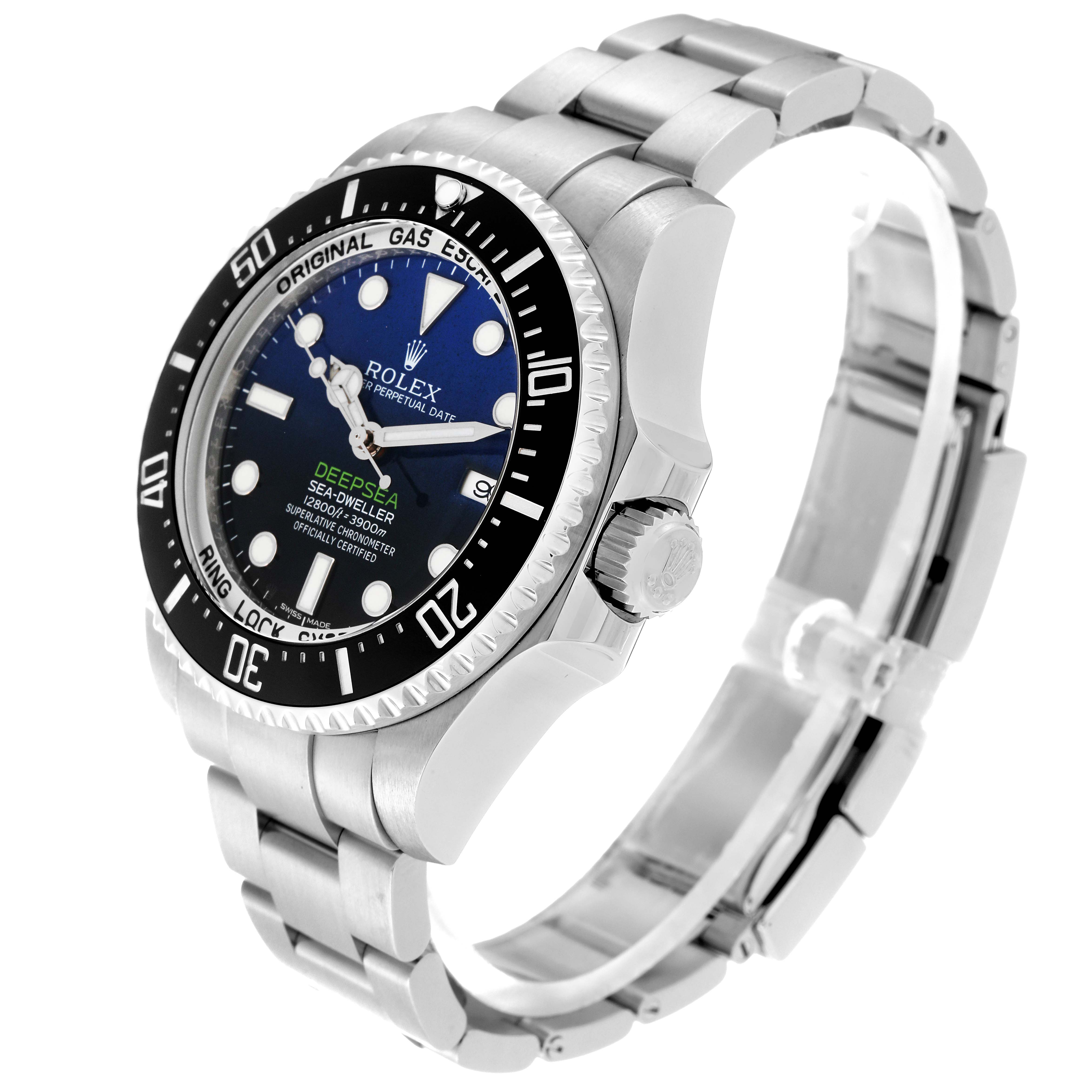 The Rolex Sea-Dweller 116660 Men
s Stainless Steel Blue Dial 116660 Men
s Stainless Steel Blue Dial watch is shown at a side angle, highlighting the bezel, crown, dial, and metal bracelet.
