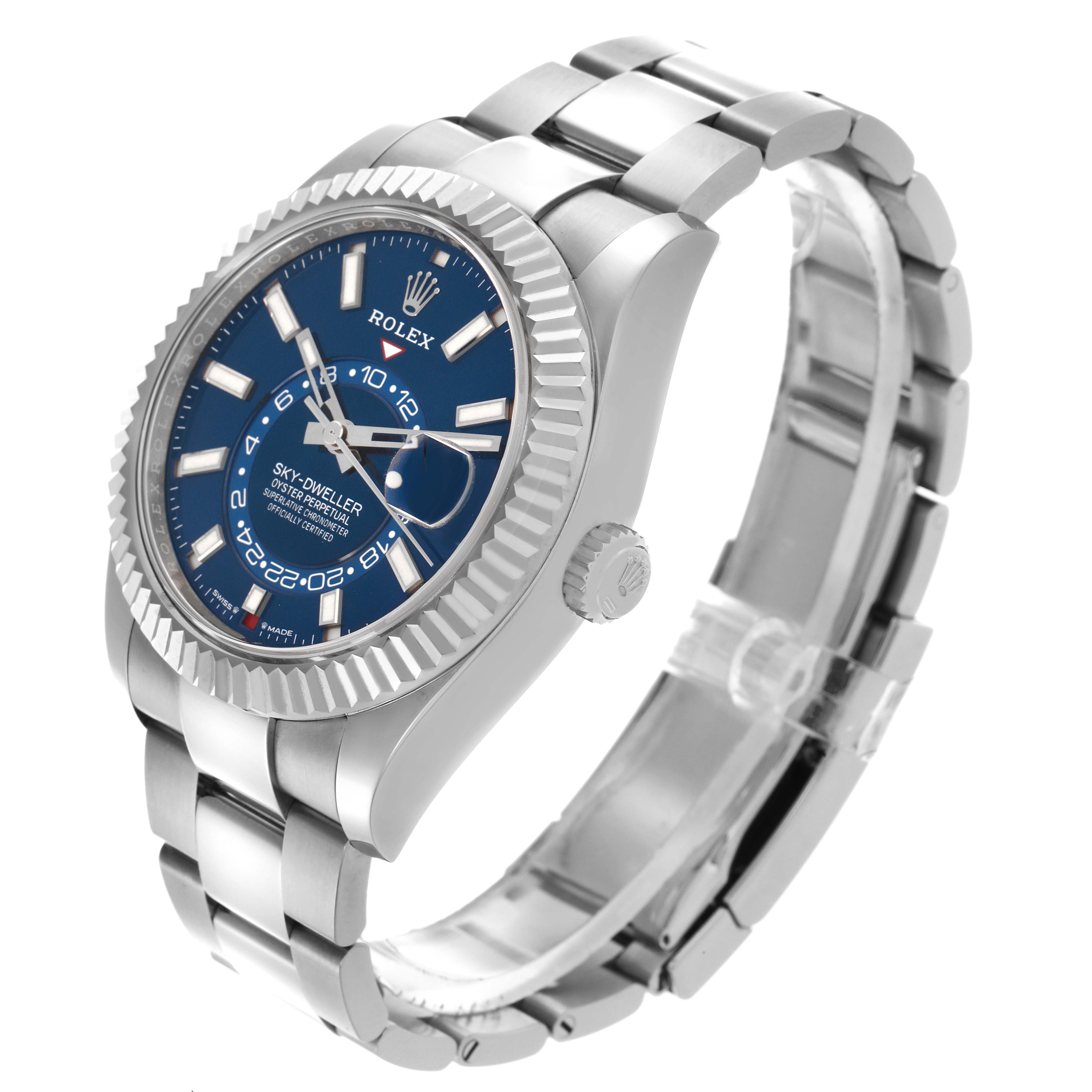 The Rolex Sky-Dweller 336934 Men
s Stainless Steel Blue Dial 336934 Men
s Stainless Steel Blue Dial is shown at a three-quarter angle, displaying the dial, bezel, crown, and bracelet prominently.