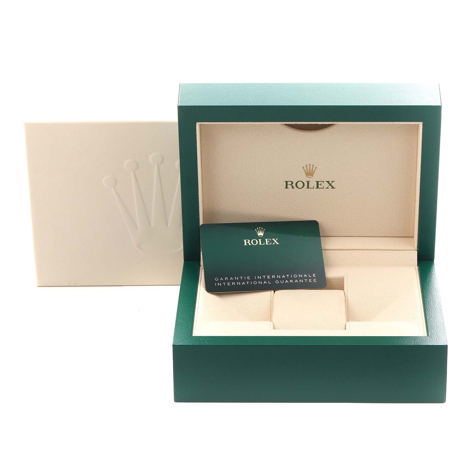 The image shows a Rolex Sky-Dweller 336934 Men
s Stainless Steel Blue Dial 336934 Men
s Stainless Steel Blue Dial watch box, open from the front, with an international guarantee card inside.