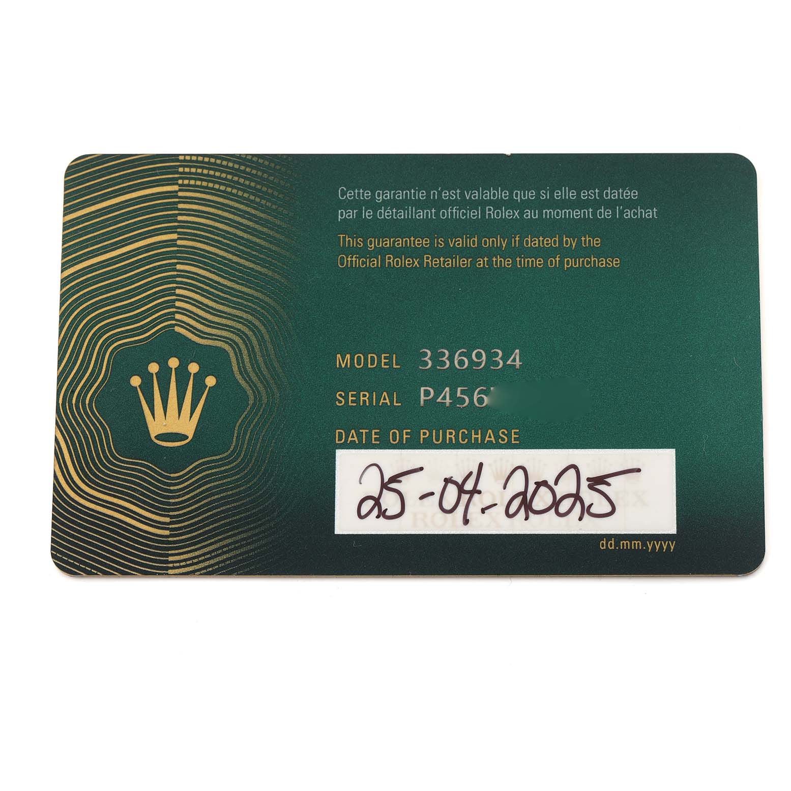 This image shows a Rolex Sky-Dweller 336934 Men
s Stainless Steel Blue Dial 336934 Men
s Stainless Steel Blue Dial warranty card, displaying model, serial number, and purchase date.