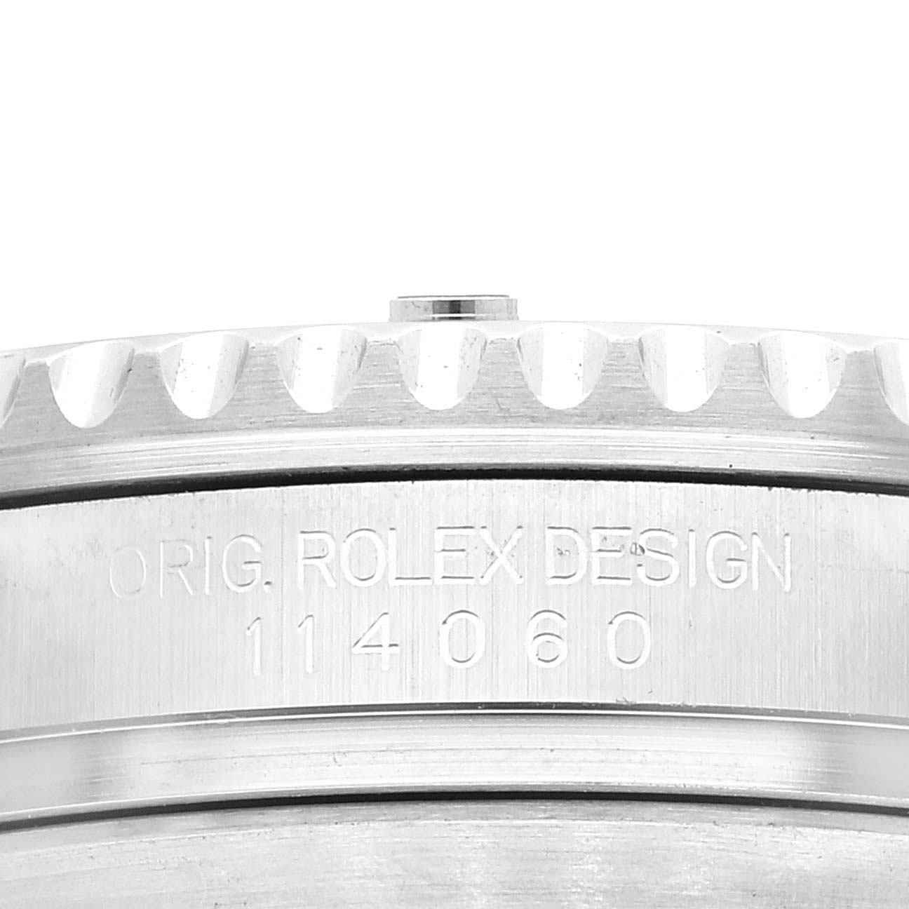 This image shows a detailed view of the side of the bezel and casing on a Rolex Submariner 114060 Men
s Stainless Steel Black Dial 114060 Men
s Stainless Steel Black Dial watch.