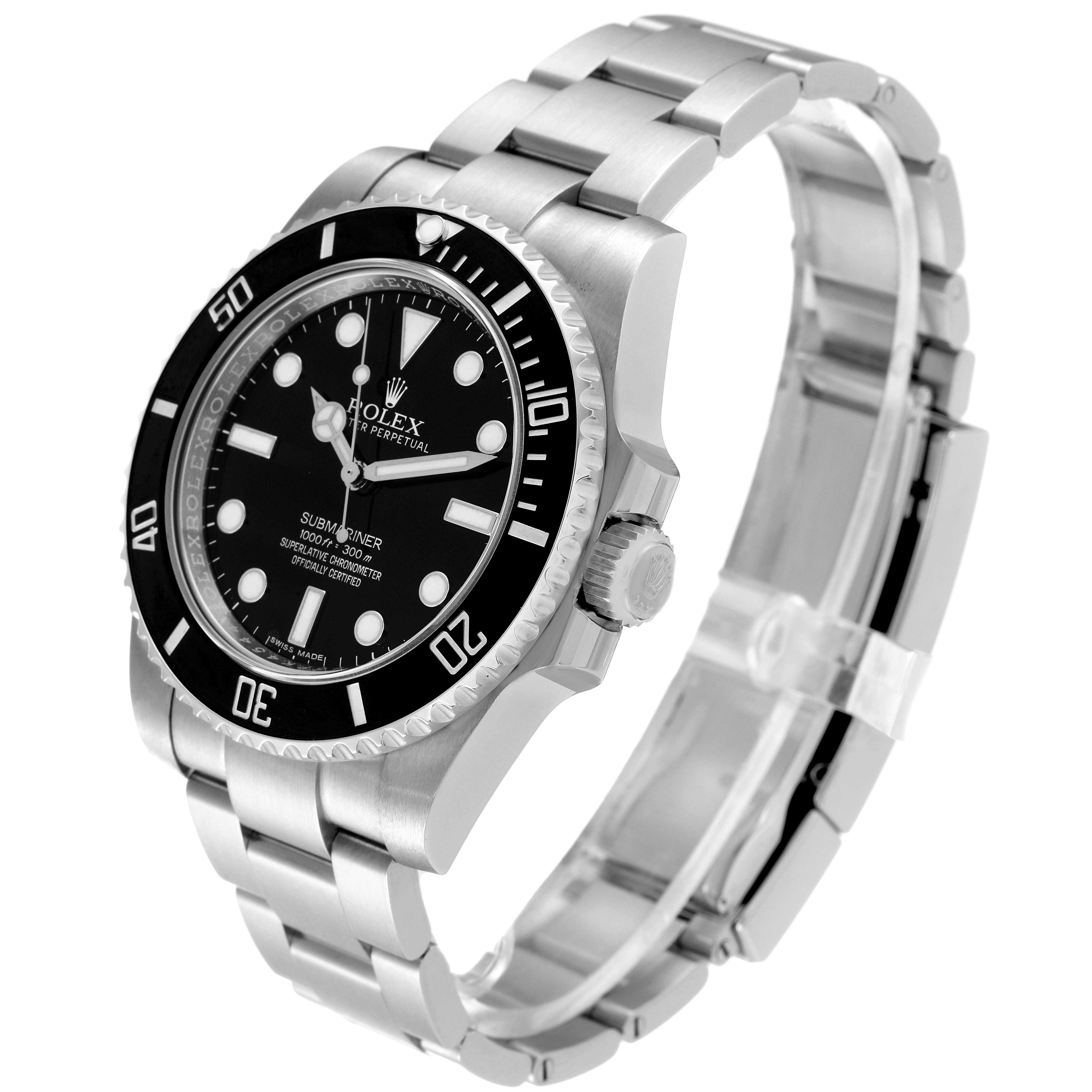 This image shows a side-angle view of the Rolex Submariner 114060 Men
s Stainless Steel Black Dial 114060 Men
s Stainless Steel Black Dial watch, highlighting the bezel, dial, crown, and bracelet.