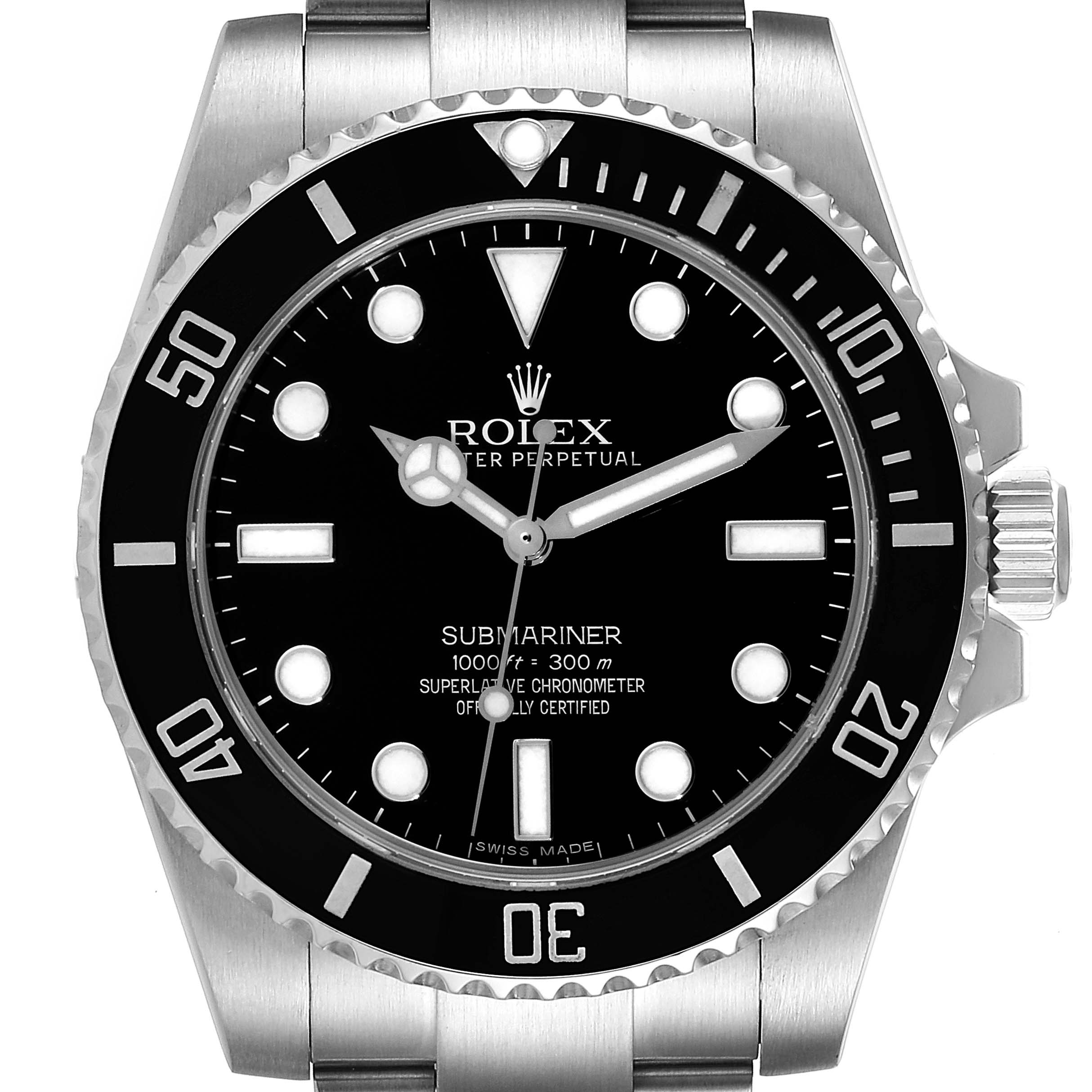 This image shows a front view of the Rolex Submariner 114060 Men
s Stainless Steel Black Dial 114060 Men
s Stainless Steel Black Dial watch, highlighting the dial, bezel, and part of the bracelet.
