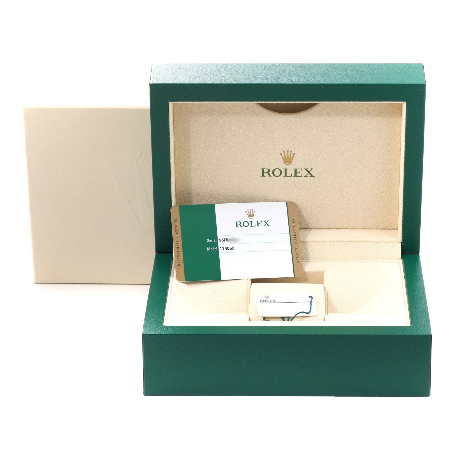 The image shows the packaging and Best Quality
ation card for a Rolex Submariner 114060 Men
s Stainless Steel Black Dial 114060 Men
s Stainless Steel Black Dial 114060, displayed at an angle that reveals the interior and card.