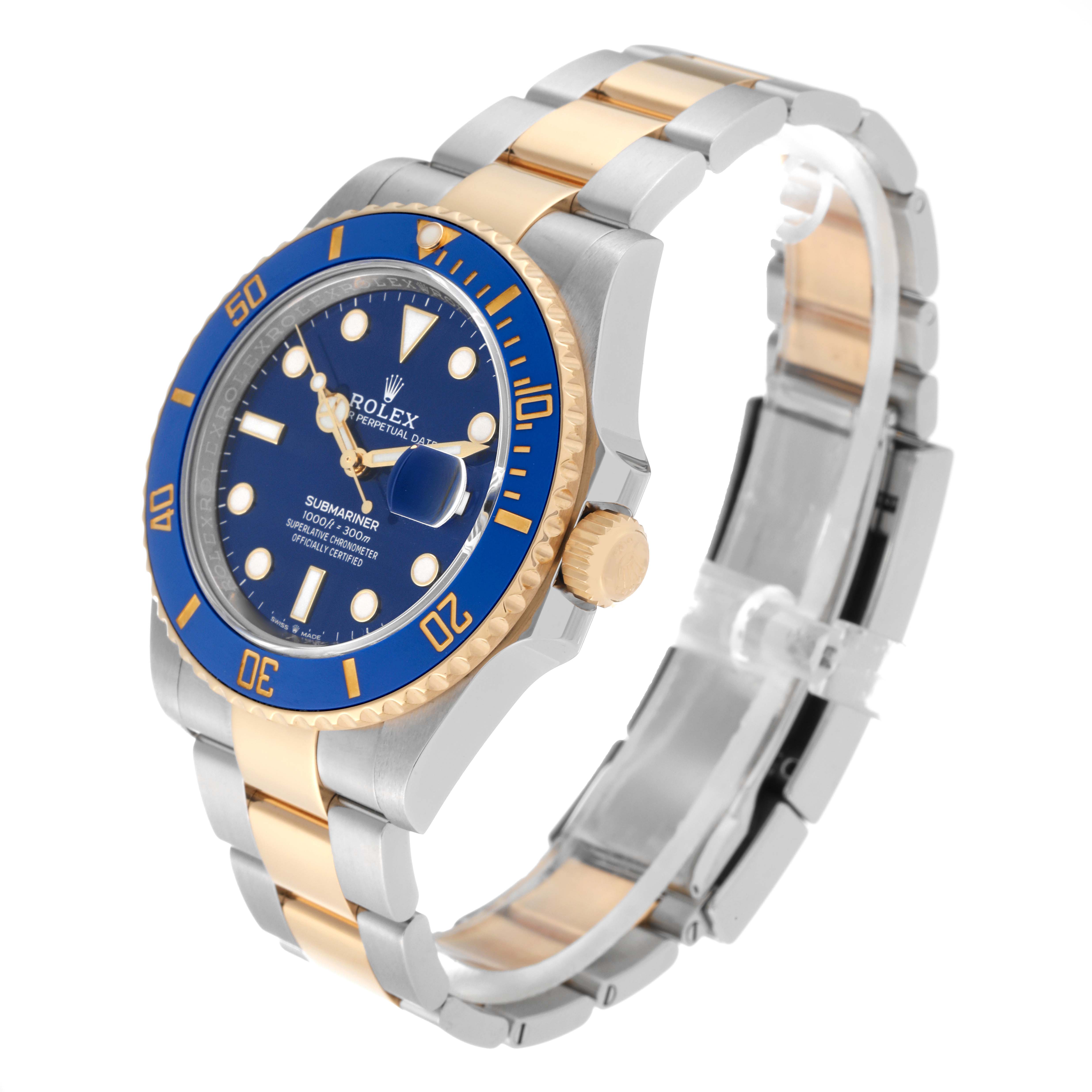 The Rolex Submariner 126613LB Men's Steel and Gold (two tone) Blue Dial 126613LB Men's Steel and Gold (two tone) Blue Dial watch is shown at a three-quarter angle, displaying the face, bezel, crown, and the two-tone bracelet.