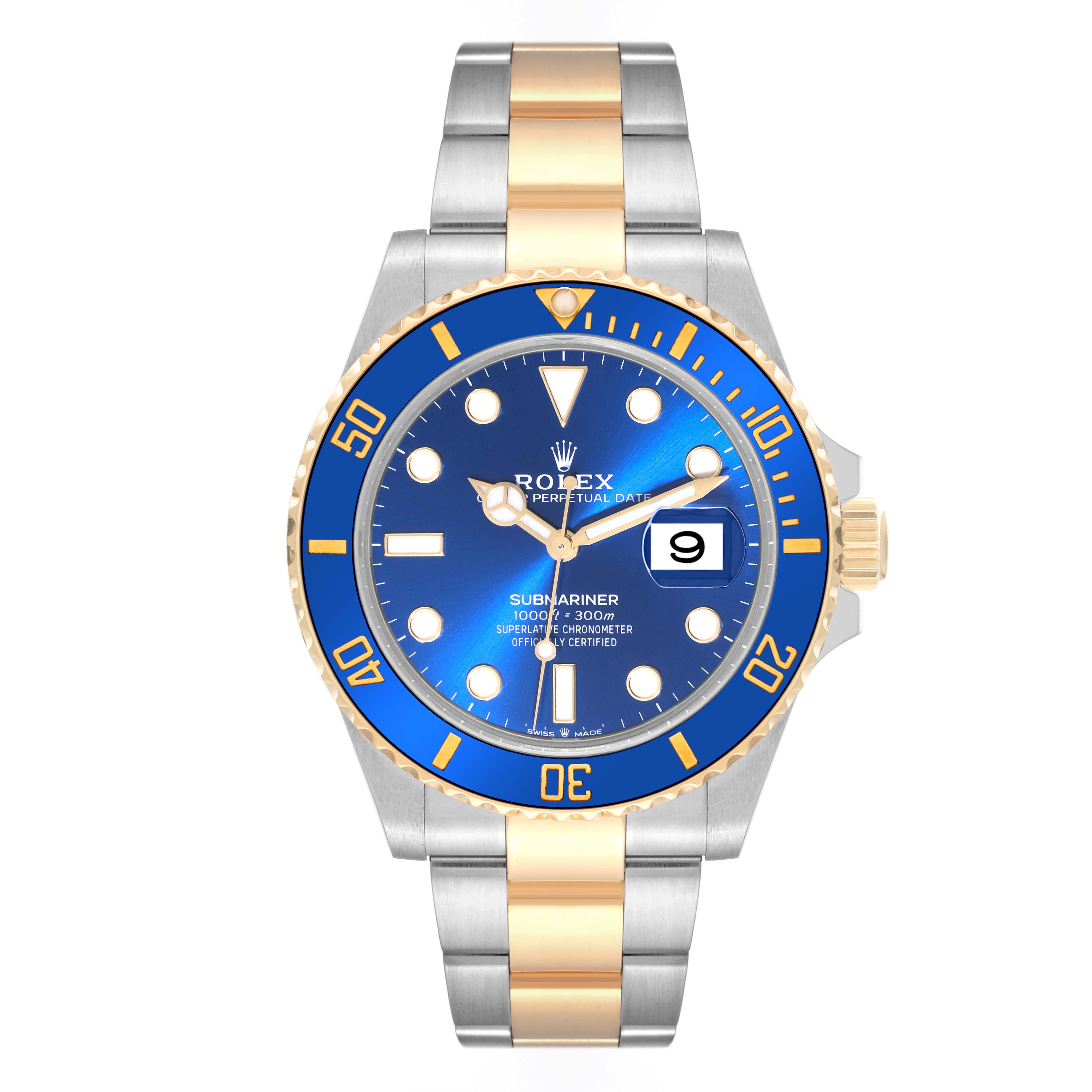 This image shows a front view of a Rolex Submariner 126613LB Men's Steel and Gold (two tone) Blue Dial 126613LB Men's Steel and Gold (two tone) Blue Dial watch with a blue dial, blue bezel, and a two-tone metal bracelet.