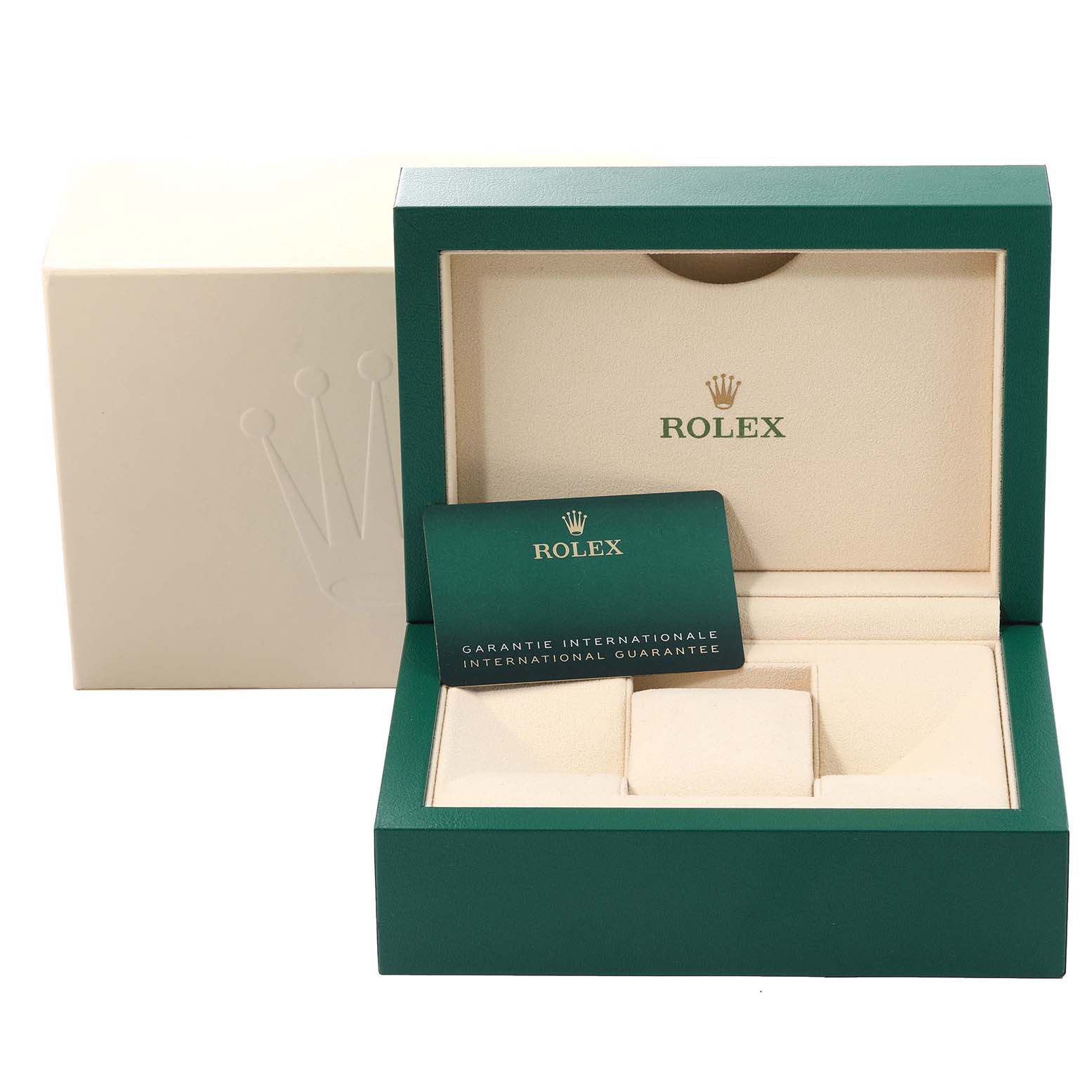 The image shows an open watch box for the Rolex Submariner 126613LB Men's Steel and Gold (two tone) Blue Dial 126613LB Men's Steel and Gold (two tone) Blue Dial model, featuring the guarantee card inside.