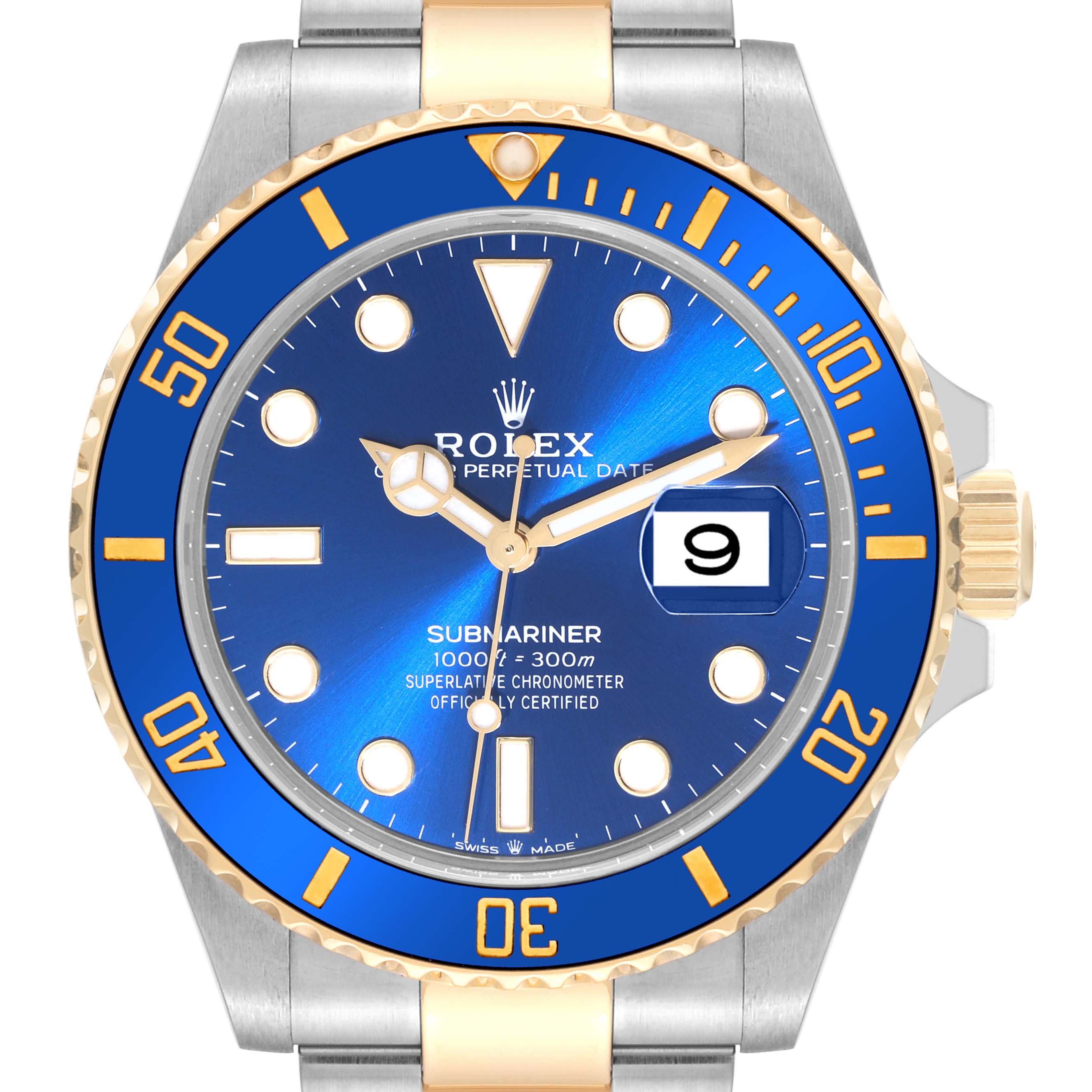 The image shows a front view of a Rolex Submariner 126613LB Men's Steel and Gold (two tone) Blue Dial 126613LB Men's Steel and Gold (two tone) Blue Dial watch, highlighting the dial, bezel, and bracelet.