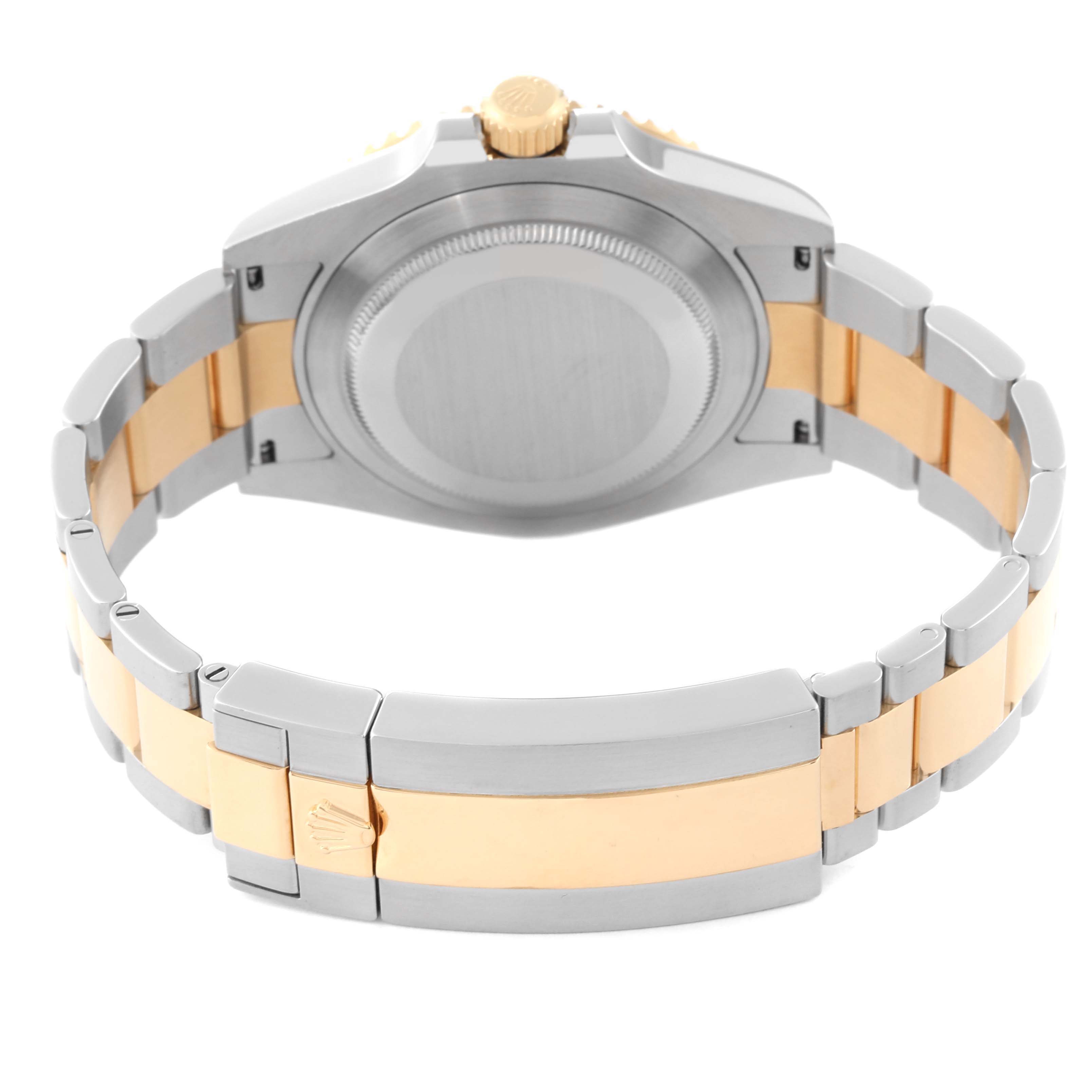 This image shows the back side and the clasp of a Rolex Submariner 126613LB Men's Steel and Gold (two tone) Blue Dial 126613LB Men's Steel and Gold (two tone) Blue Dial watch, highlighting the two-tone bracelet and case back.