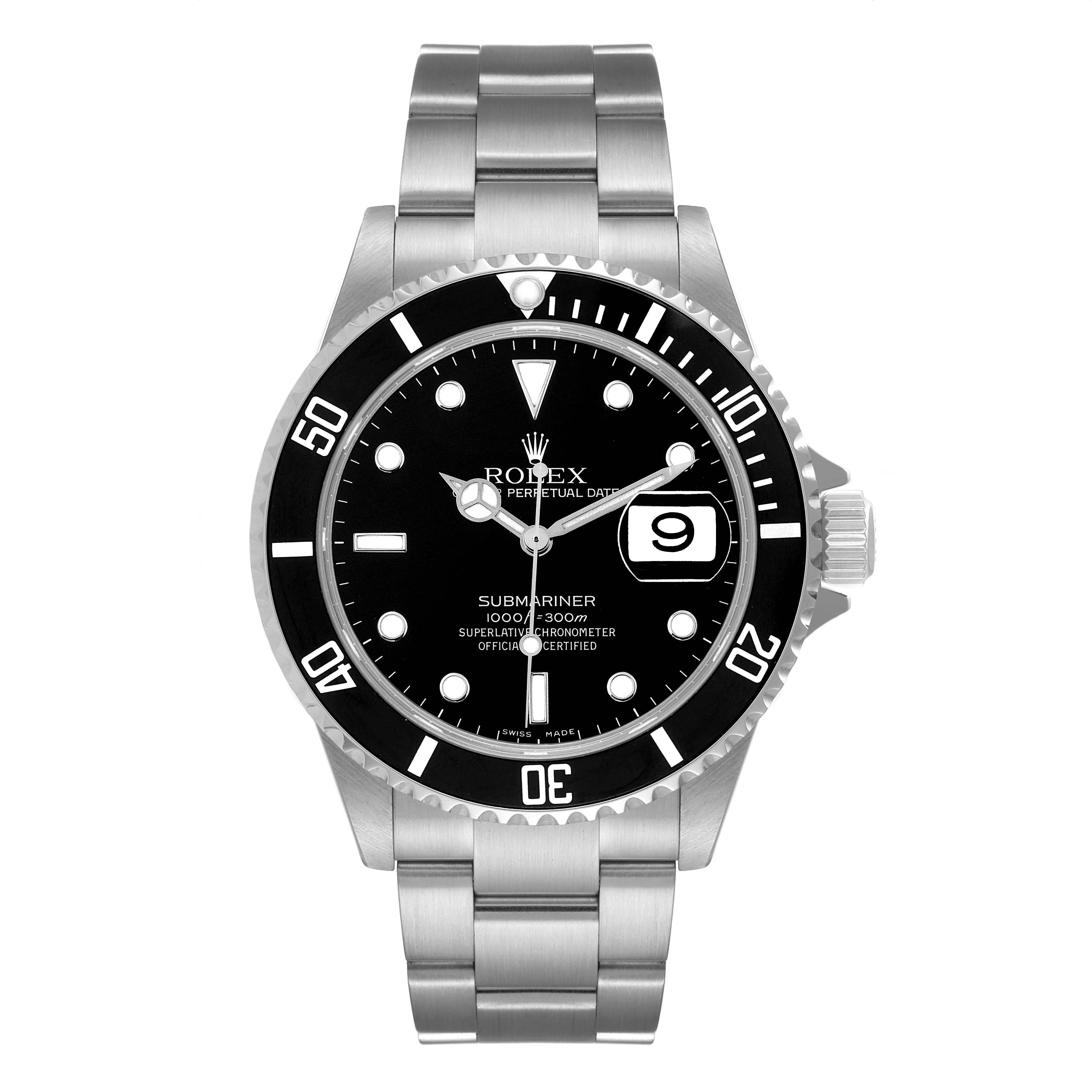 The image shows a front view of a Rolex Submariner 16610 Men
s Stainless Steel Black Dial 16610 Men
s Stainless Steel Black Dial watch, highlighting its black dial, bezel, and metallic bracelet.