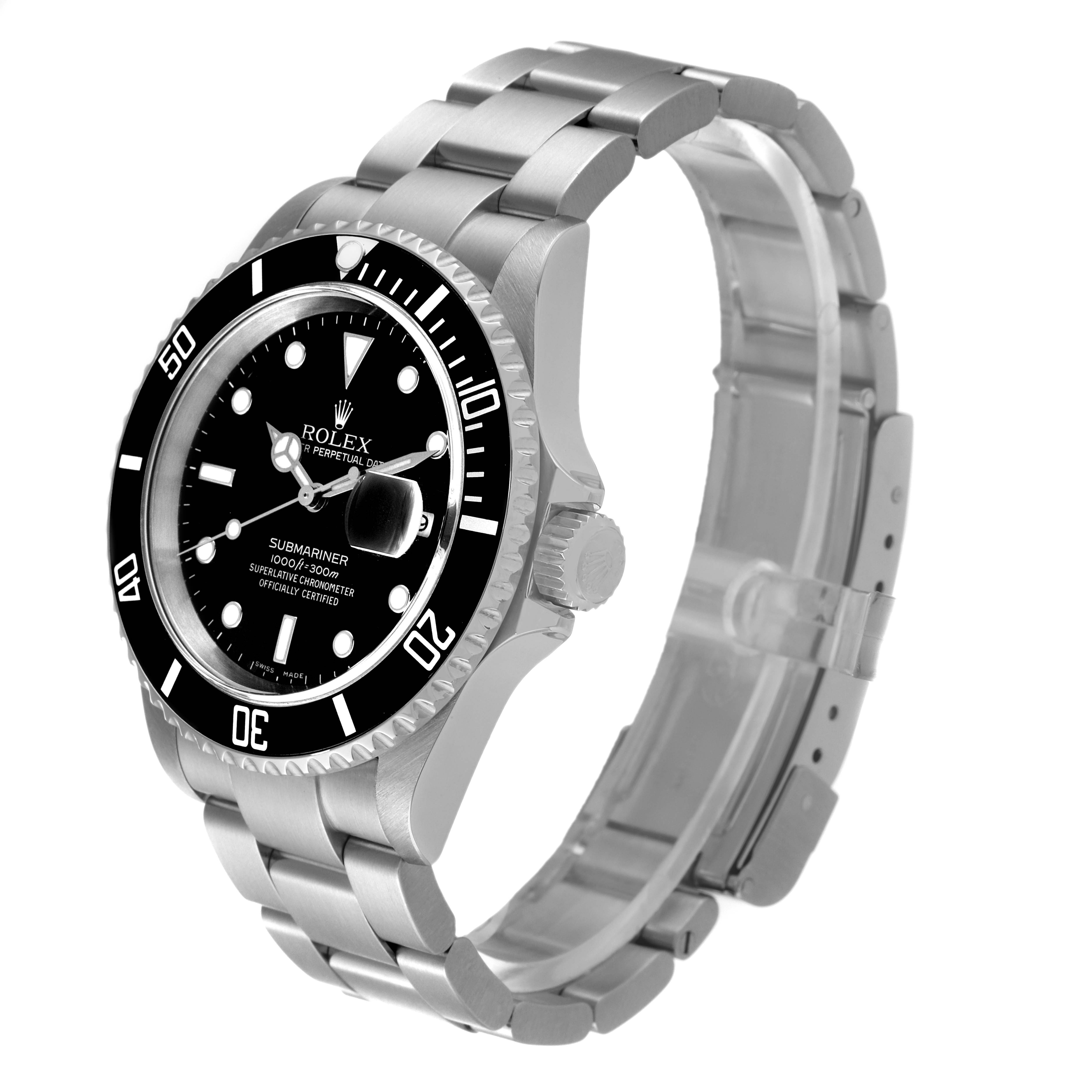 A Rolex Submariner 16610 Men
s Stainless Steel Black Dial 16610 Men
s Stainless Steel Black Dial watch is shown at an angled side view displaying the face, bezel, crown, and bracelet.