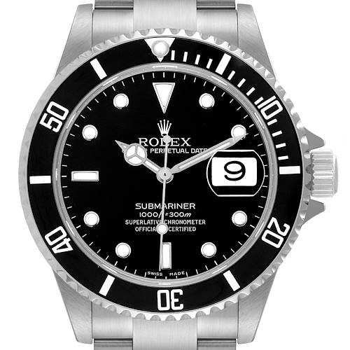 This is a frontal view of a Rolex Submariner watch showing its black dial, bezel, and stainless steel bracelet.