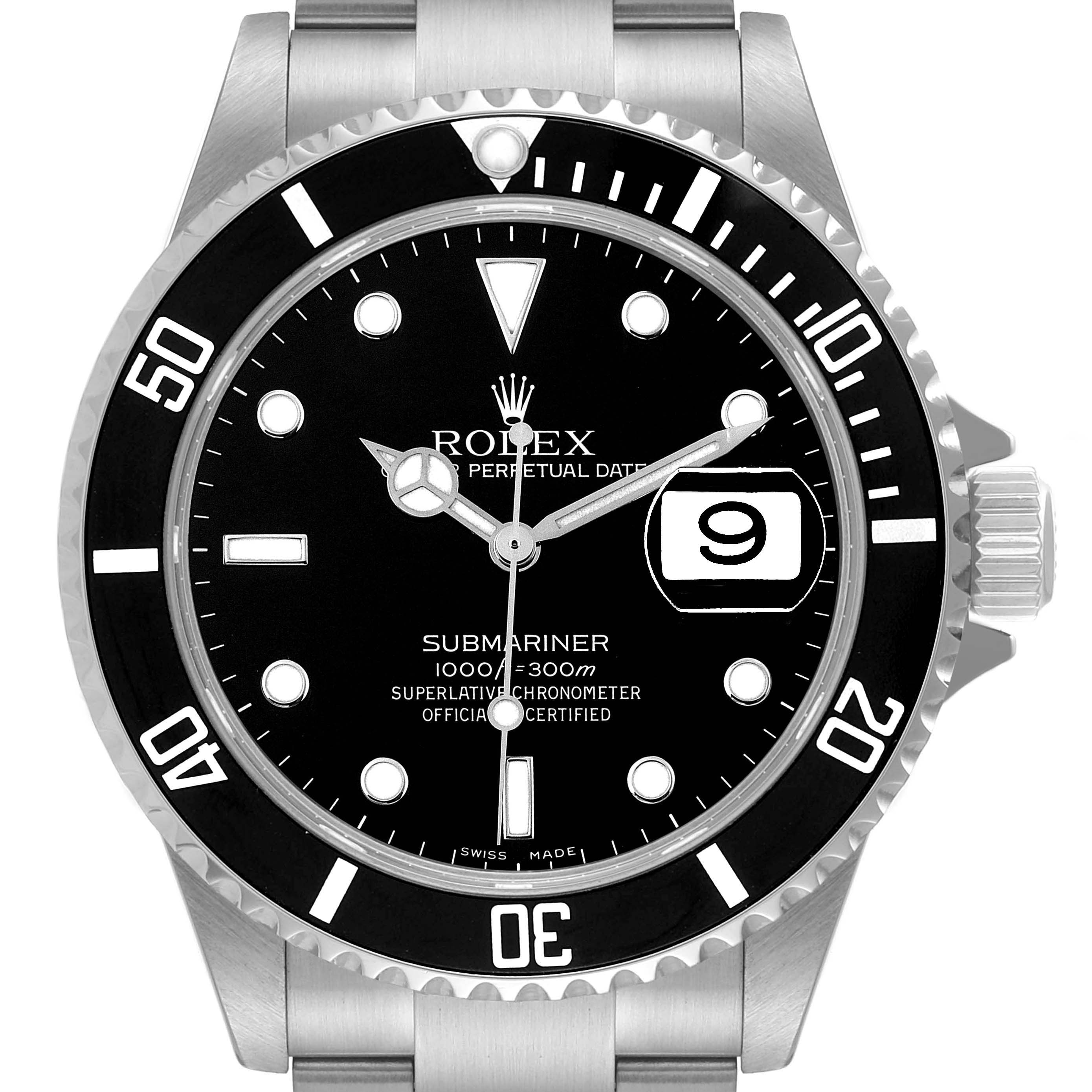 This image shows a frontal view of a Rolex Submariner 16610 Men
s Stainless Steel Black Dial 16610 Men
s Stainless Steel Black Dial watch, displaying the dial, bezel, case, hands, and bracelet.