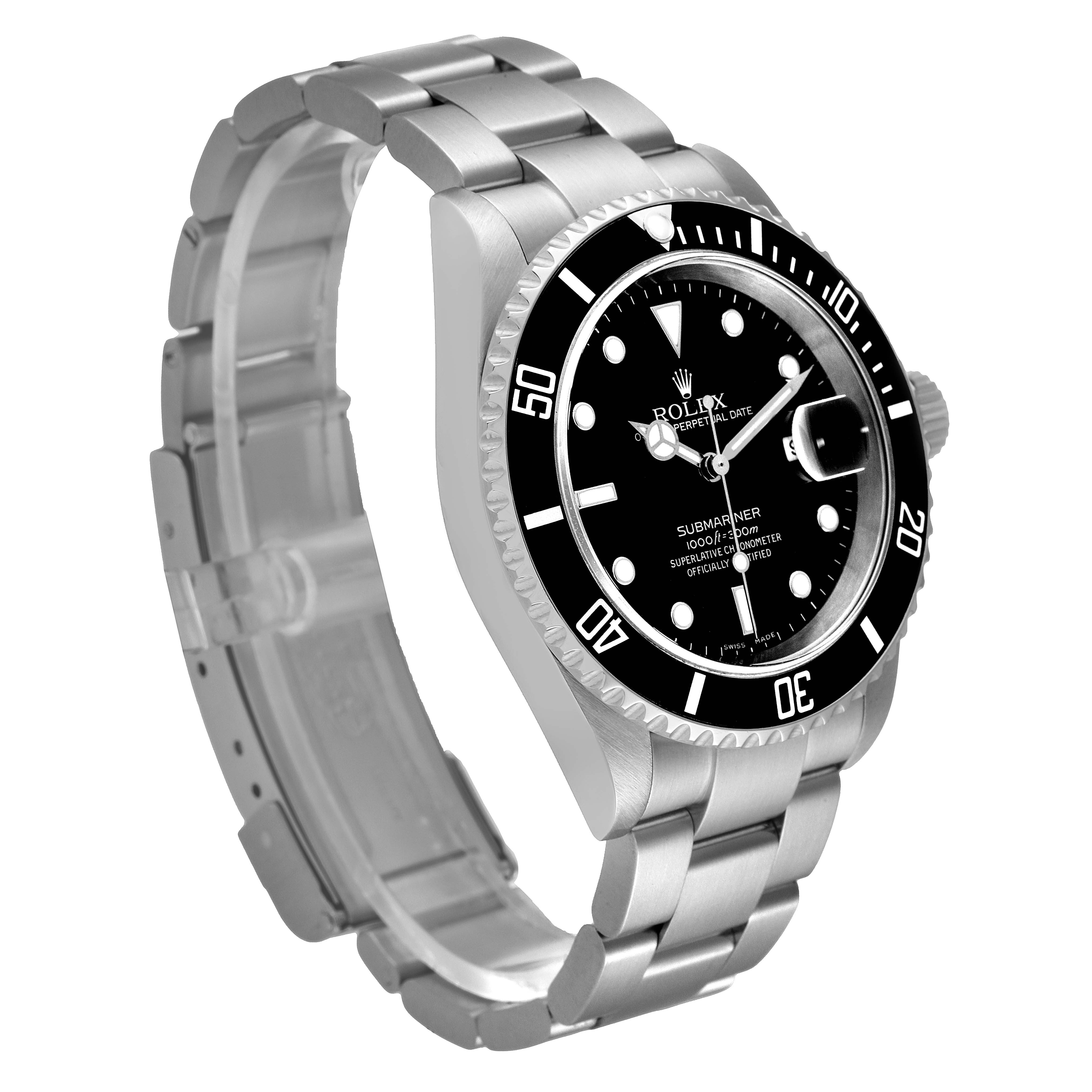The image shows a side view of a Rolex Submariner 16610 Men
s Stainless Steel Black Dial 16610 Men
s Stainless Steel Black Dial watch, highlighting its bracelet, bezel, and dial.