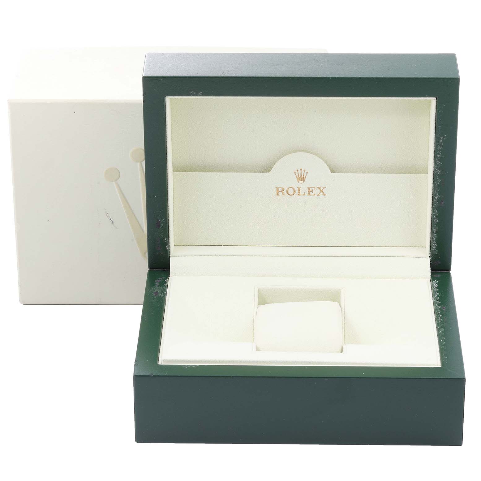 The image shows an open Rolex Submariner 16610 Men
s Stainless Steel Black Dial 16610 Men
s Stainless Steel Black Dial watch box at a front angle with the cushion and interior exposed.