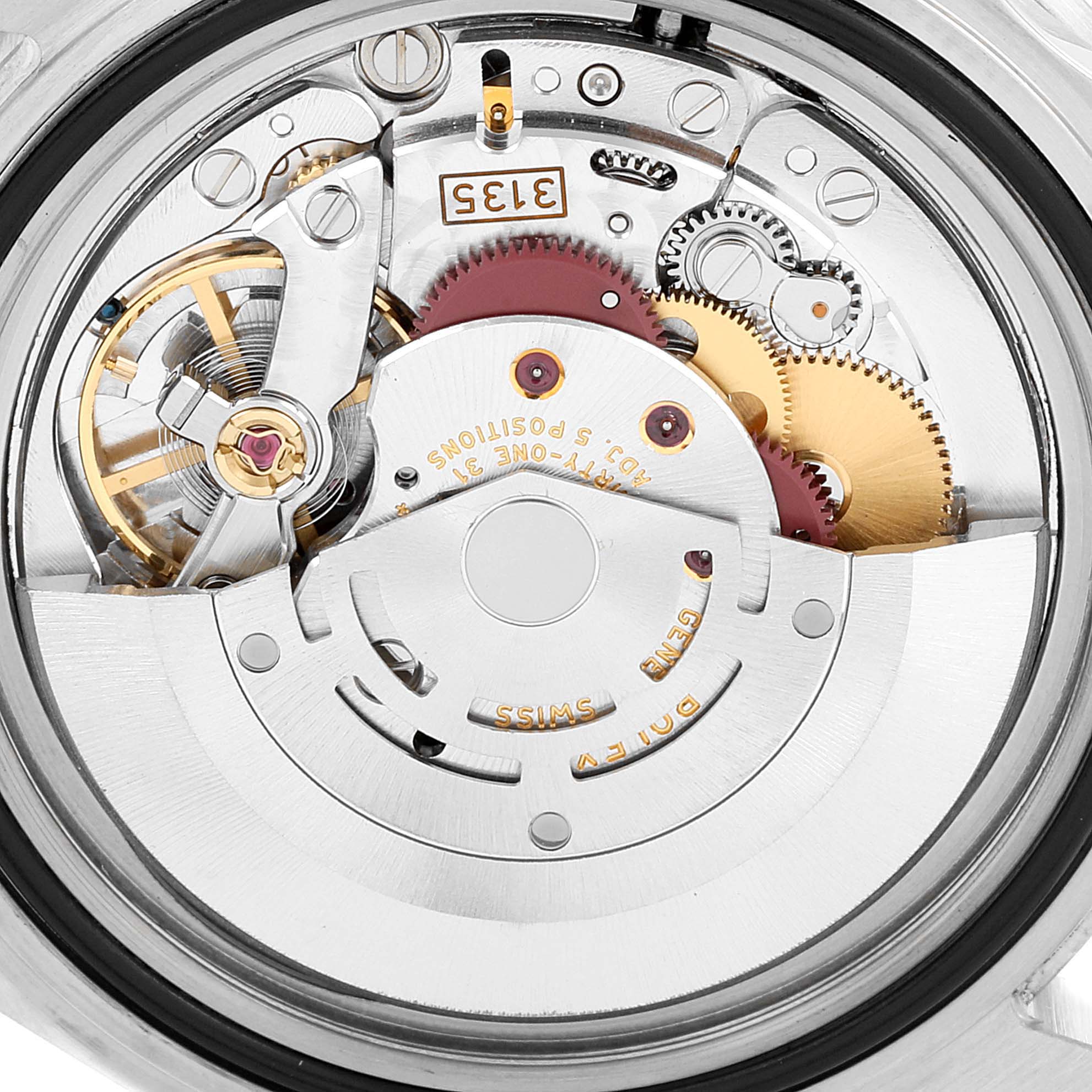 This image shows a close-up view of the movement mechanism of a Rolex Submariner 16610 Men
s Stainless Steel Black Dial 16610 Men
s Stainless Steel Black Dial watch.