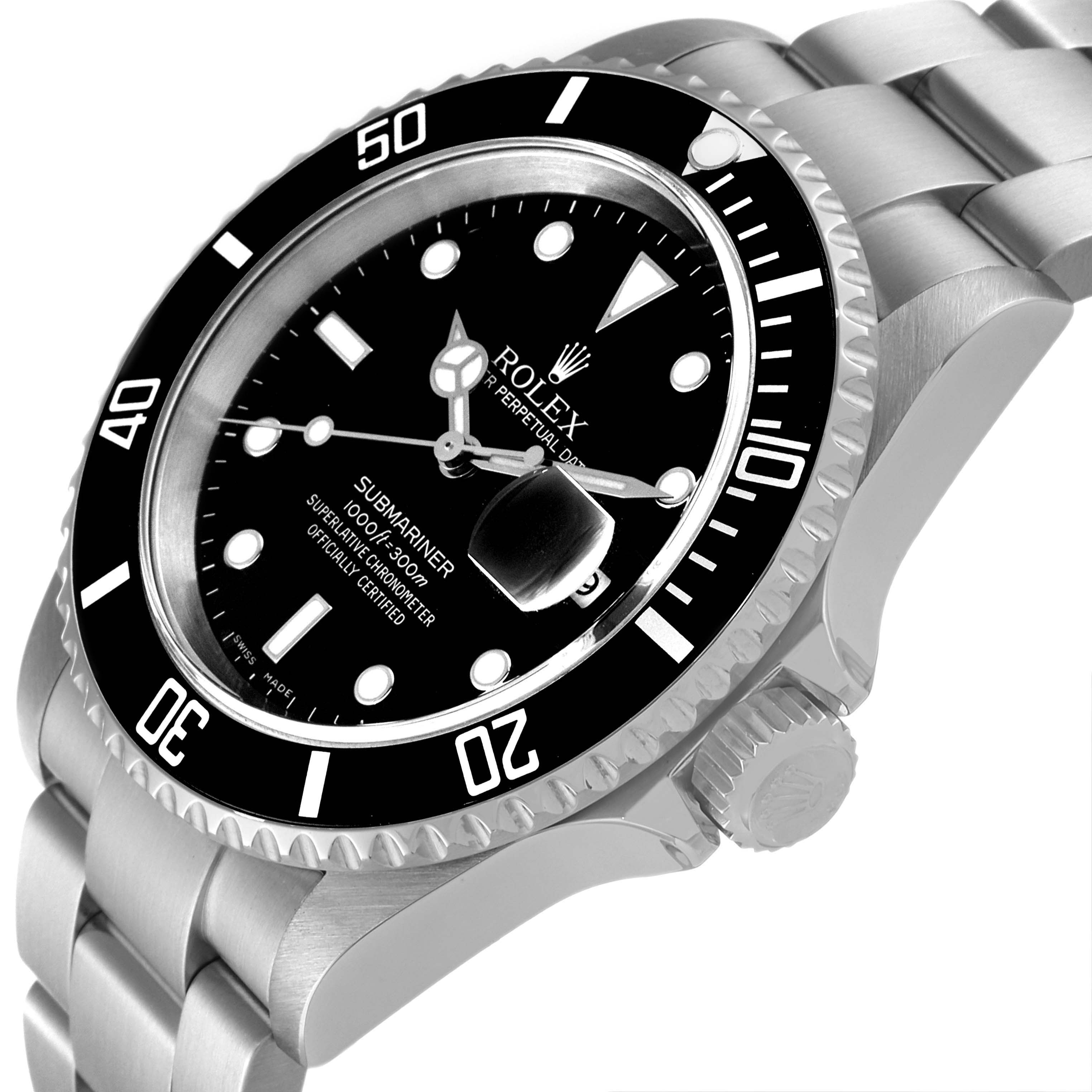 The image shows a close-up angle of a Rolex Submariner 16610 Men
s Stainless Steel Black Dial 16610 Men
s Stainless Steel Black Dial watch, highlighting the dial, bezel, crown, and part of the bracelet.