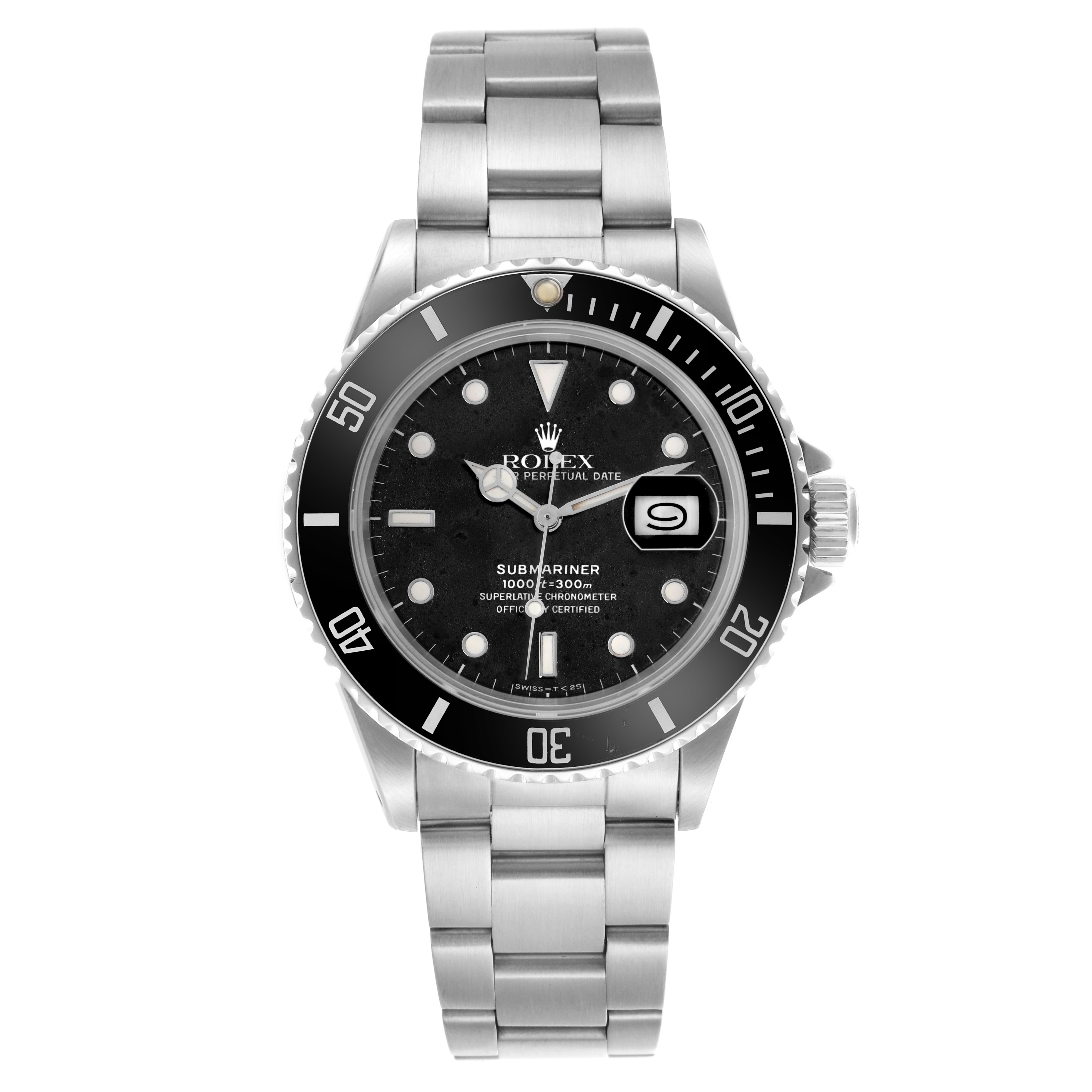 The Rolex Submariner 168000 Men
s Stainless Steel Black Dial 168000 Men
s Stainless Steel Black Dial watch is shown from a front angle, displaying the bracelet, dial, bezel, and crown.