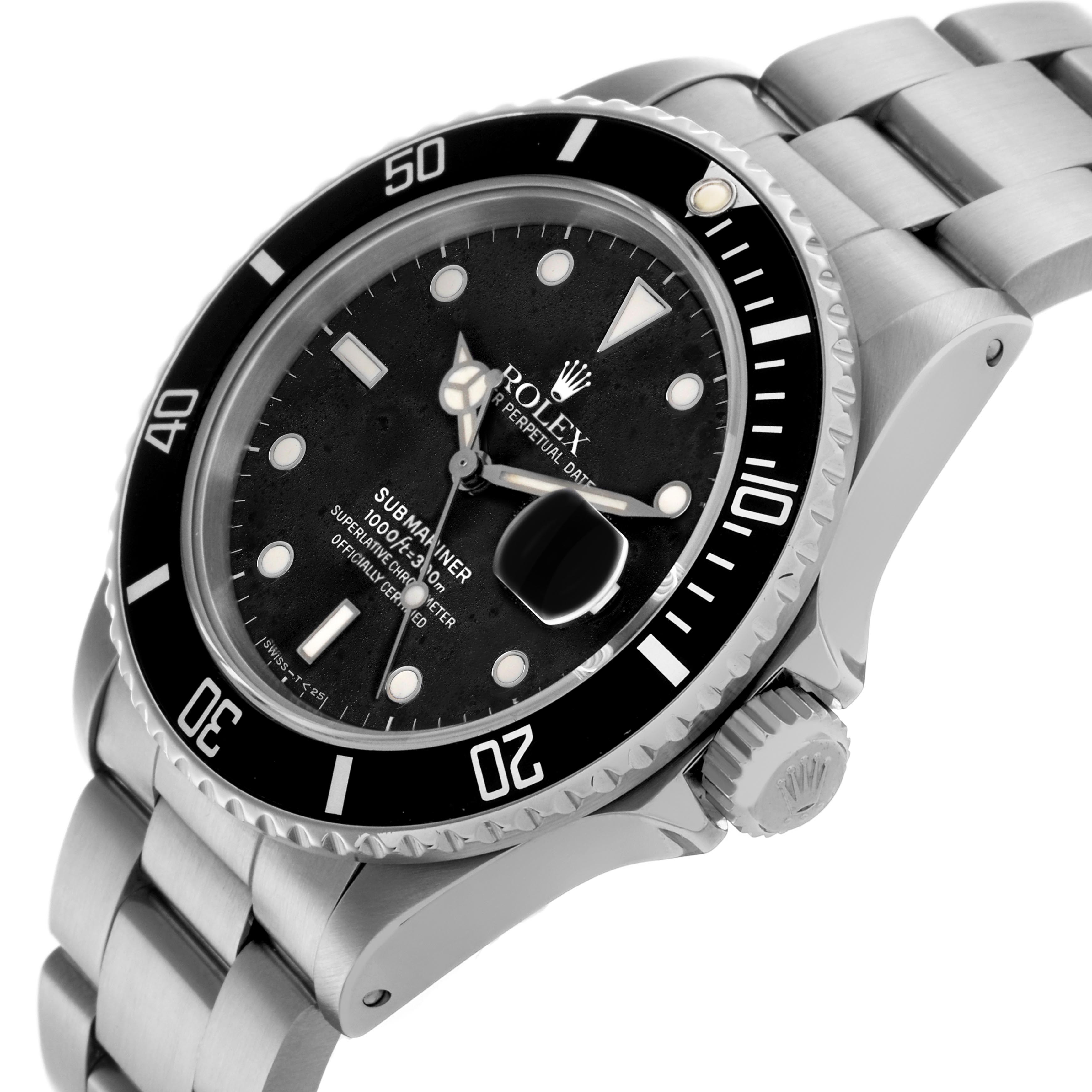The Rolex Submariner 168000 Men
s Stainless Steel Black Dial 168000 Men
s Stainless Steel Black Dial watch is shown at an angle highlighting the bezel, dial, crown, and part of the bracelet.