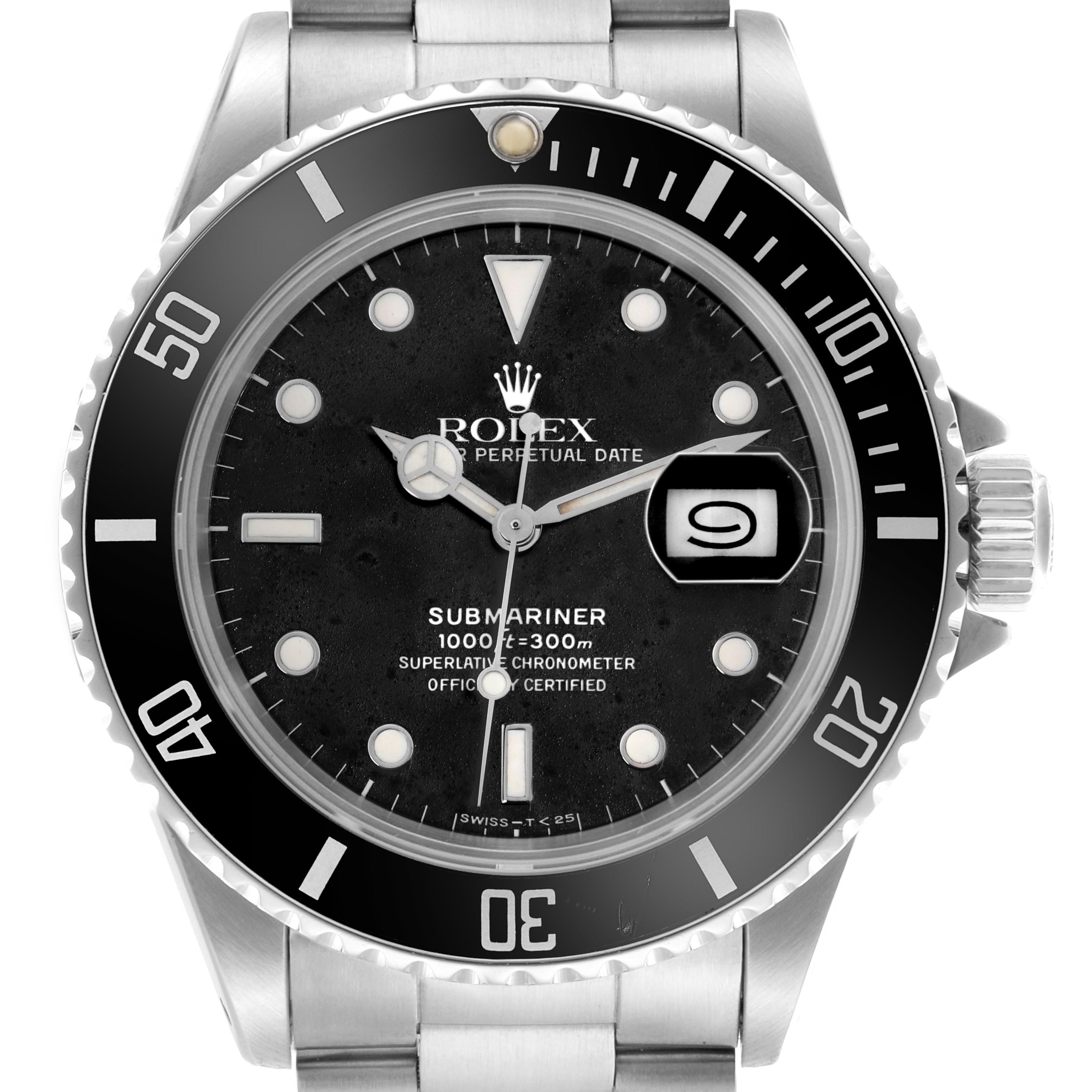 The Rolex Submariner 168000 Men
s Stainless Steel Black Dial 168000 Men
s Stainless Steel Black Dial watch is shown from the front, highlighting its dial, bezel, and bracelet.