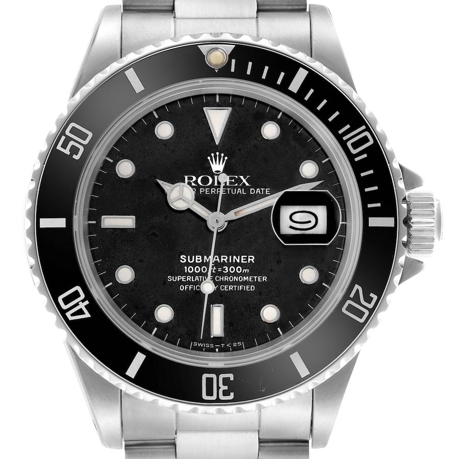 The Rolex Submariner watch is shown from the front, highlighting its dial, bezel, and bracelet.