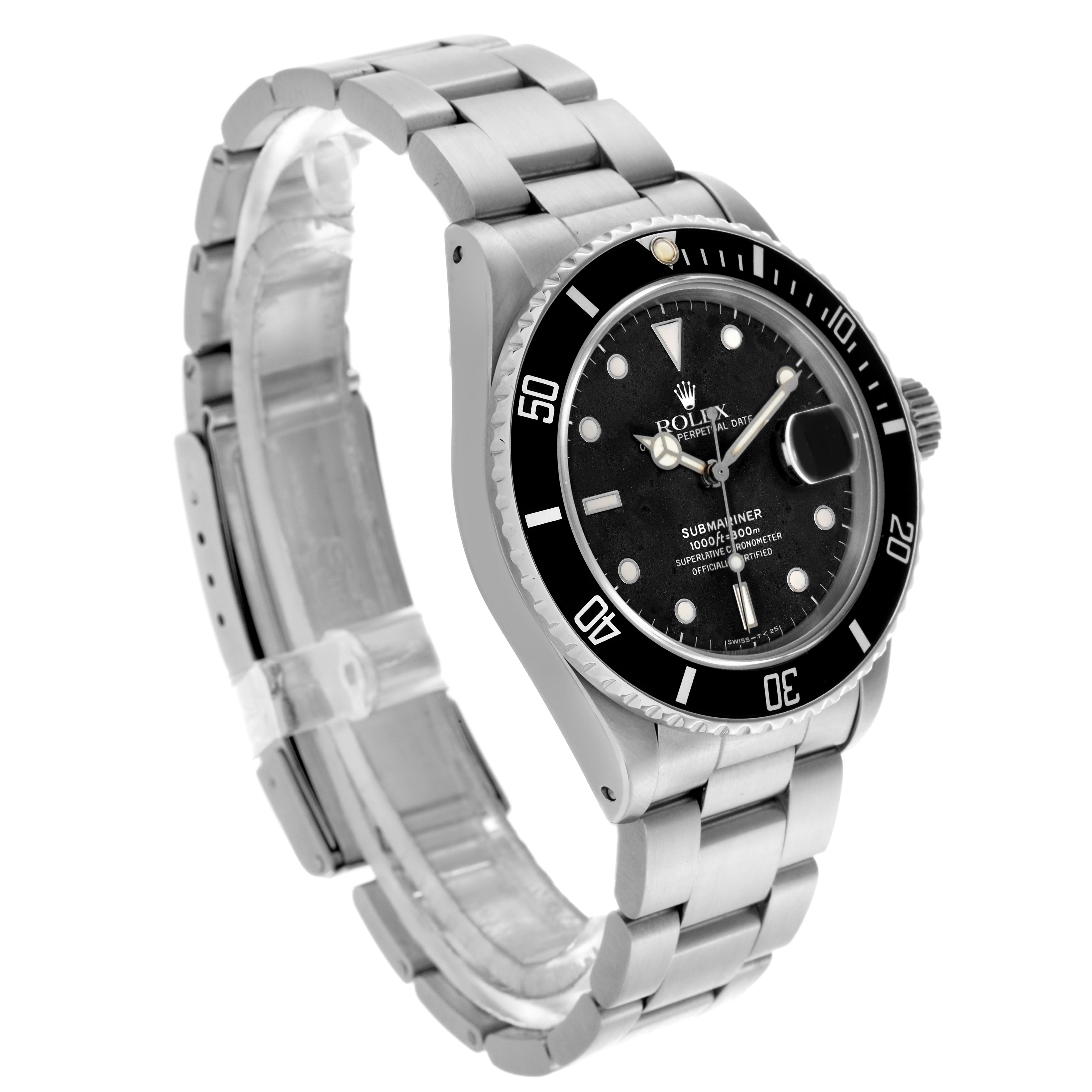 The Rolex Submariner 168000 Men
s Stainless Steel Black Dial 168000 Men
s Stainless Steel Black Dial watch is shown at a three-quarter angle, displaying the face, bezel, crown, and bracelet.