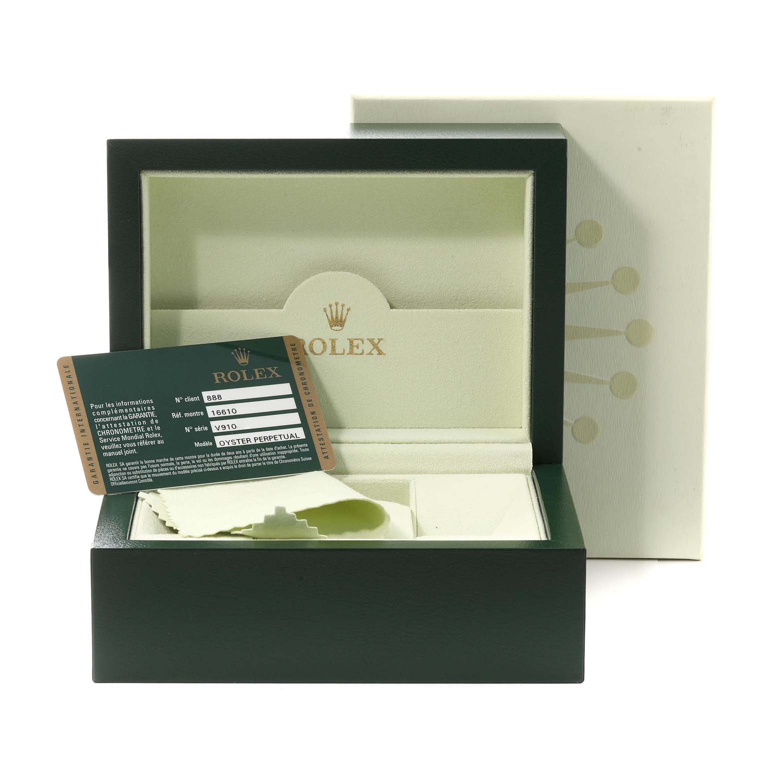 The image shows the open box and warranty card for a Rolex Submariner 16610 Men's Stainless Steel Black Dial 16610 Men's Stainless Steel Black Dial watch.