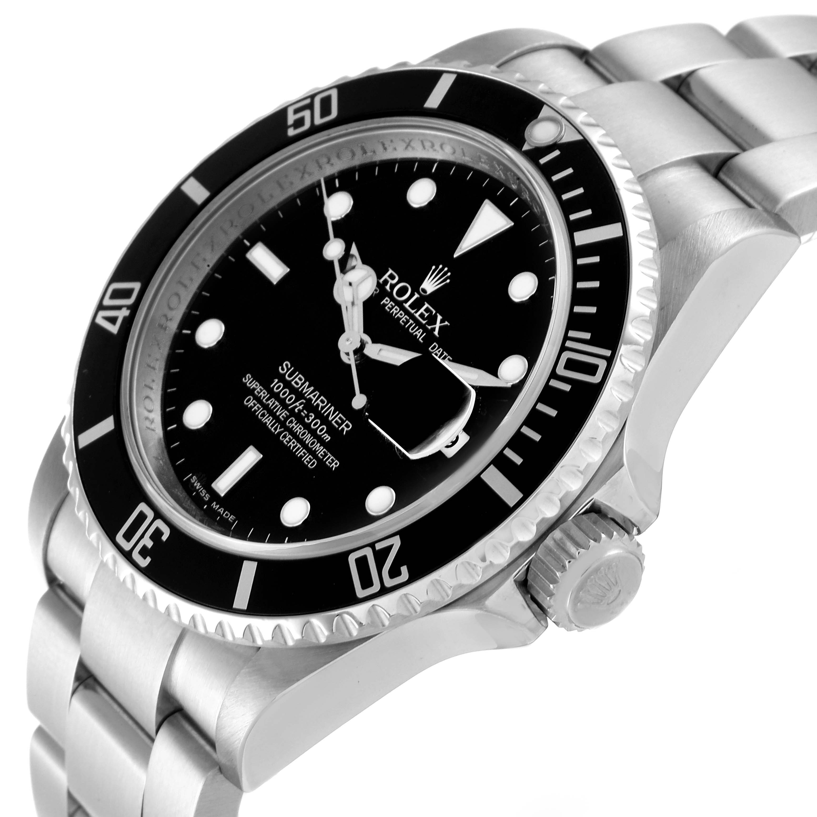 The Rolex Submariner 16610 Men's Stainless Steel Black Dial 16610 Men's Stainless Steel Black Dial watch is shown at an angled close-up, highlighting the face, bezel, and part of the bracelet.