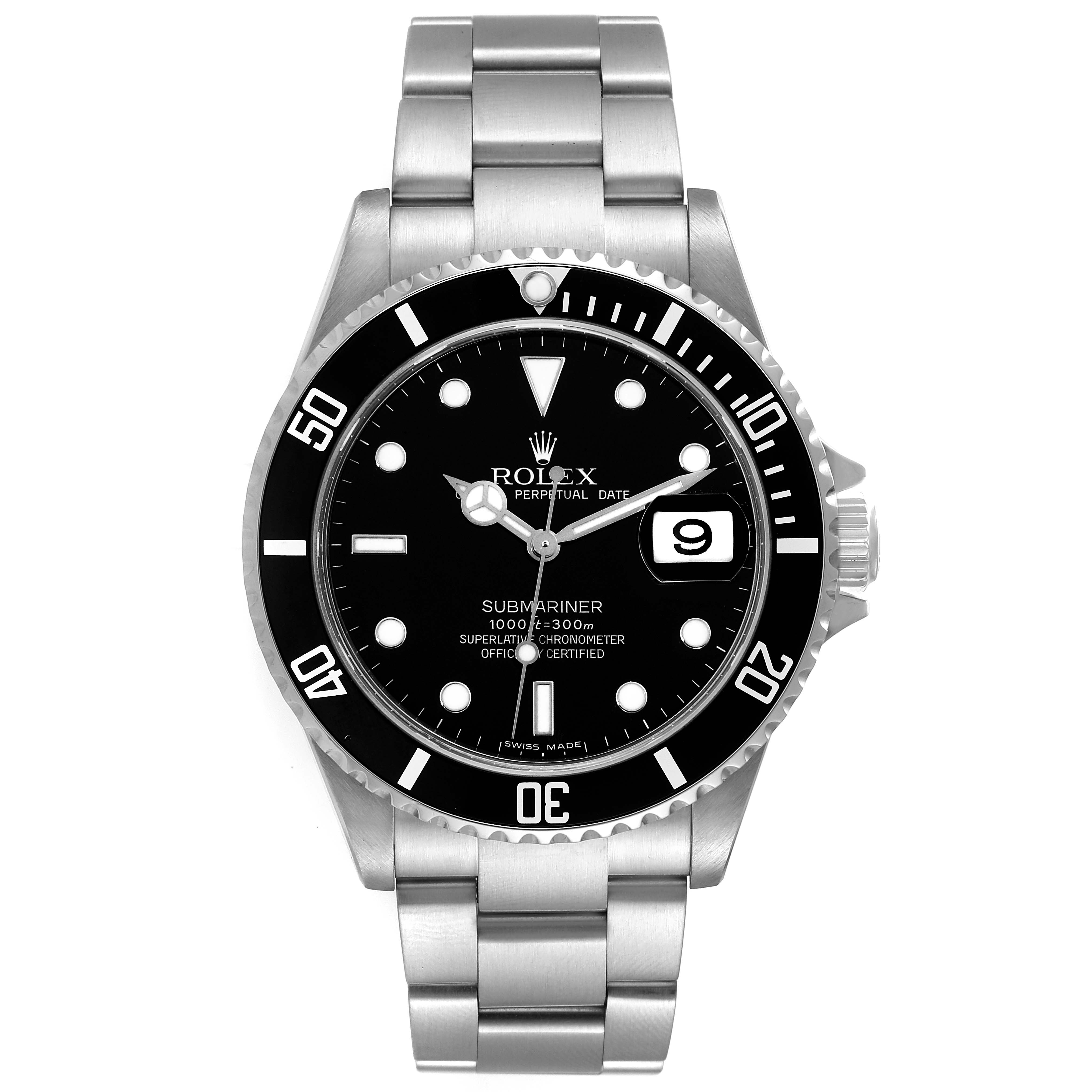 The Rolex Submariner 16610 Men's Stainless Steel Black Dial 16610 Men's Stainless Steel Black Dial watch is shown from a top-down angle, displaying its face, bezel, and bracelet.
