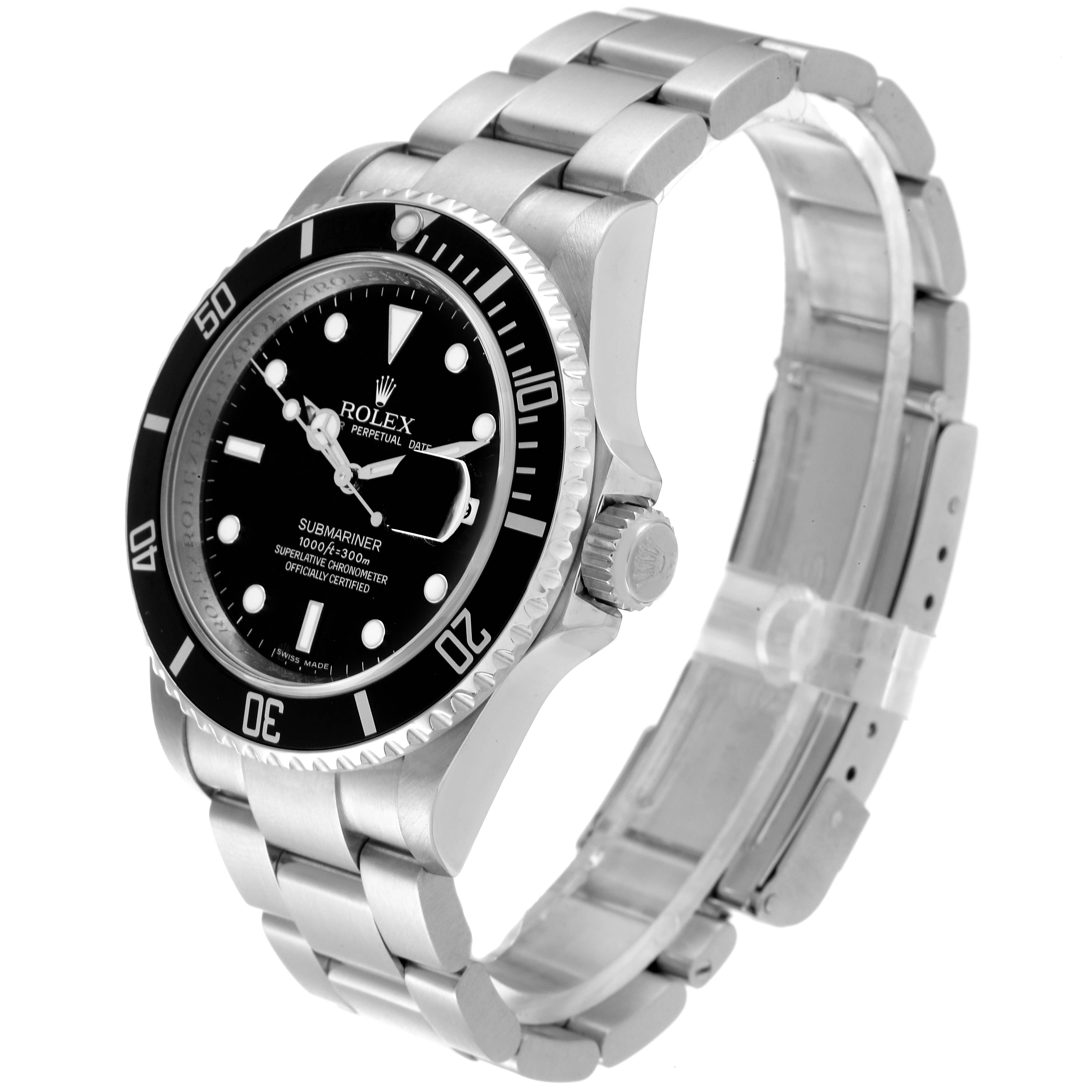 This image shows a Rolex Submariner 16610 Men's Stainless Steel Black Dial 16610 Men's Stainless Steel Black Dial watch at a front-left angle, highlighting the dial, bezel, bracelet, and clasp.