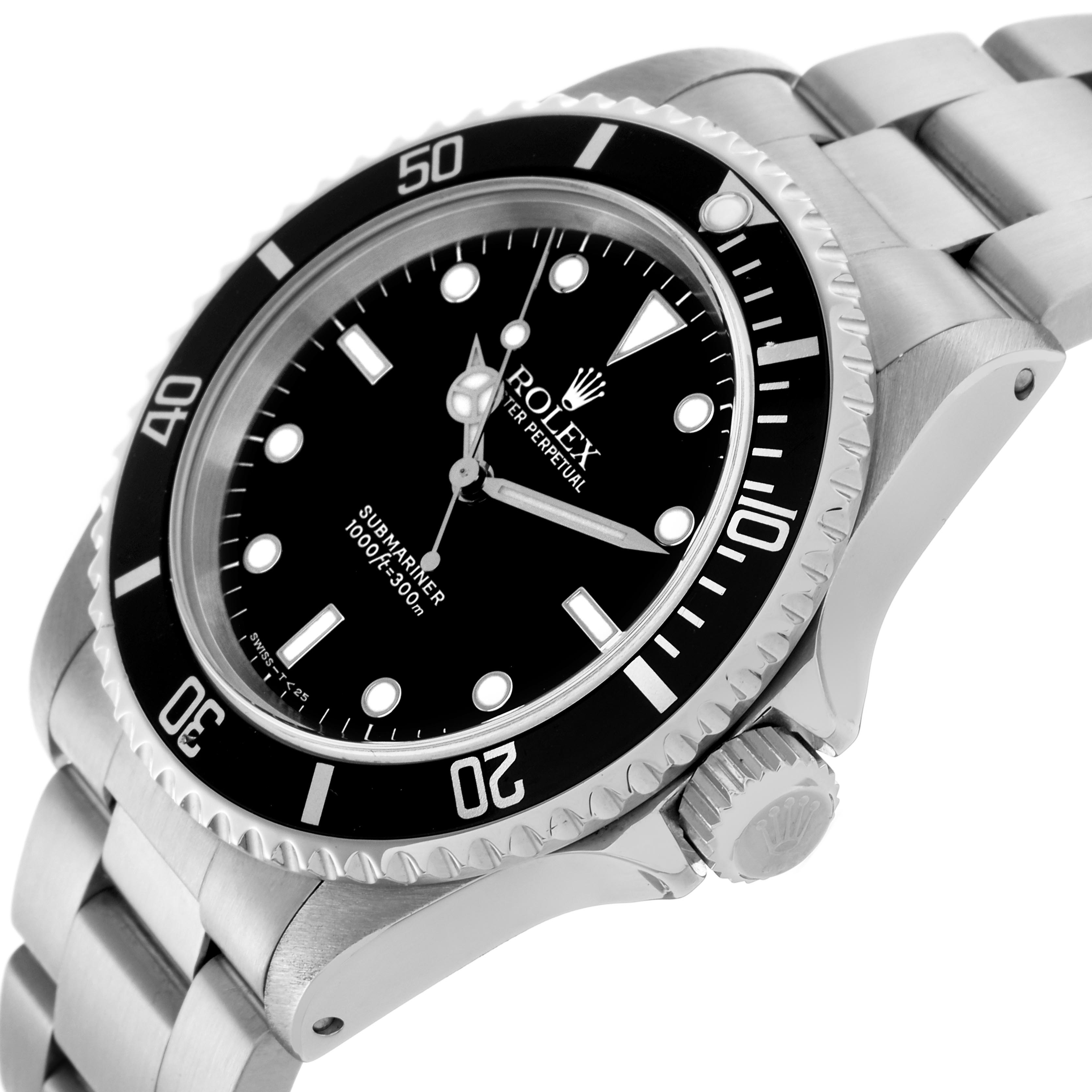 The image shows a Rolex Submariner 14060 Men
s Stainless Steel Black Dial 14060 Men
s Stainless Steel Black Dial watch at an angled view showcasing the dial, bezel, case, crown, and bracelet.