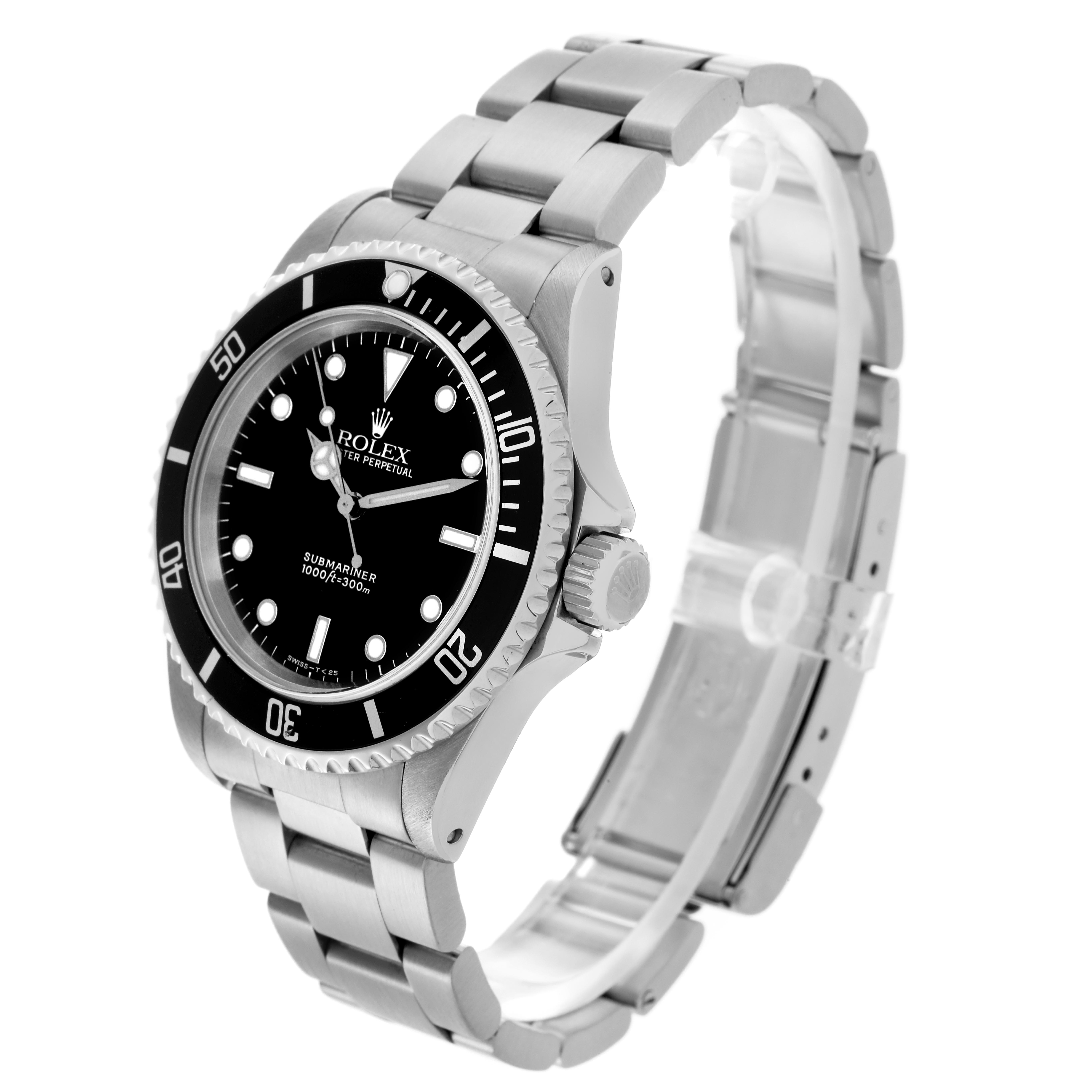 The Rolex Submariner 14060 Men
s Stainless Steel Black Dial 14060 Men
s Stainless Steel Black Dial watch is shown from a three-quarter angle, highlighting the dial, bezel, crown, and bracelet.