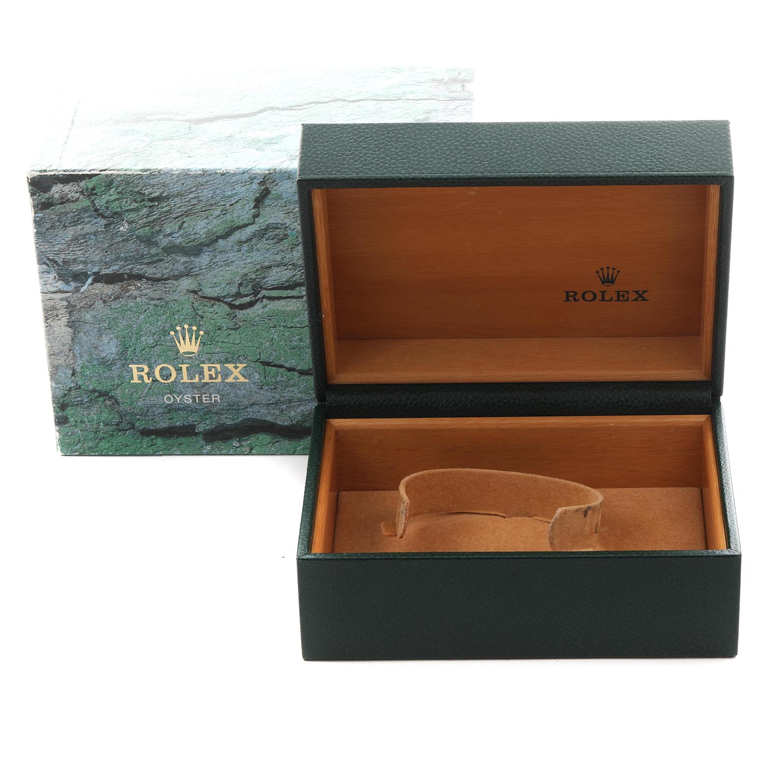 The image shows an open Rolex Submariner 14060 Men
s Stainless Steel Black Dial 14060 Men
s Stainless Steel Black Dial box, featuring the inner display and outer packaging from a front angle.