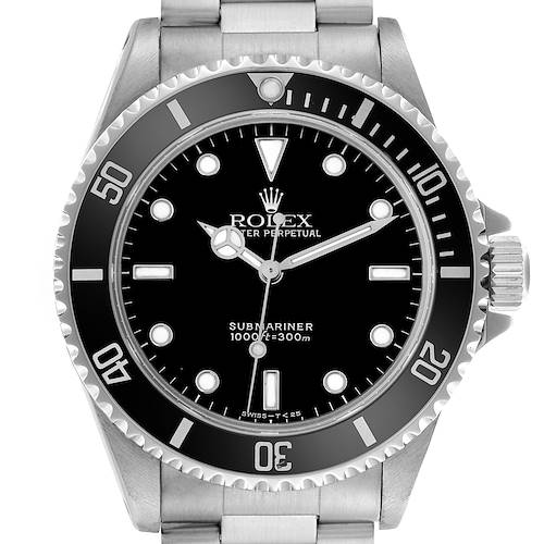 This image shows a front view of a Rolex Submariner watch, highlighting the bezel, dial, and crown.
