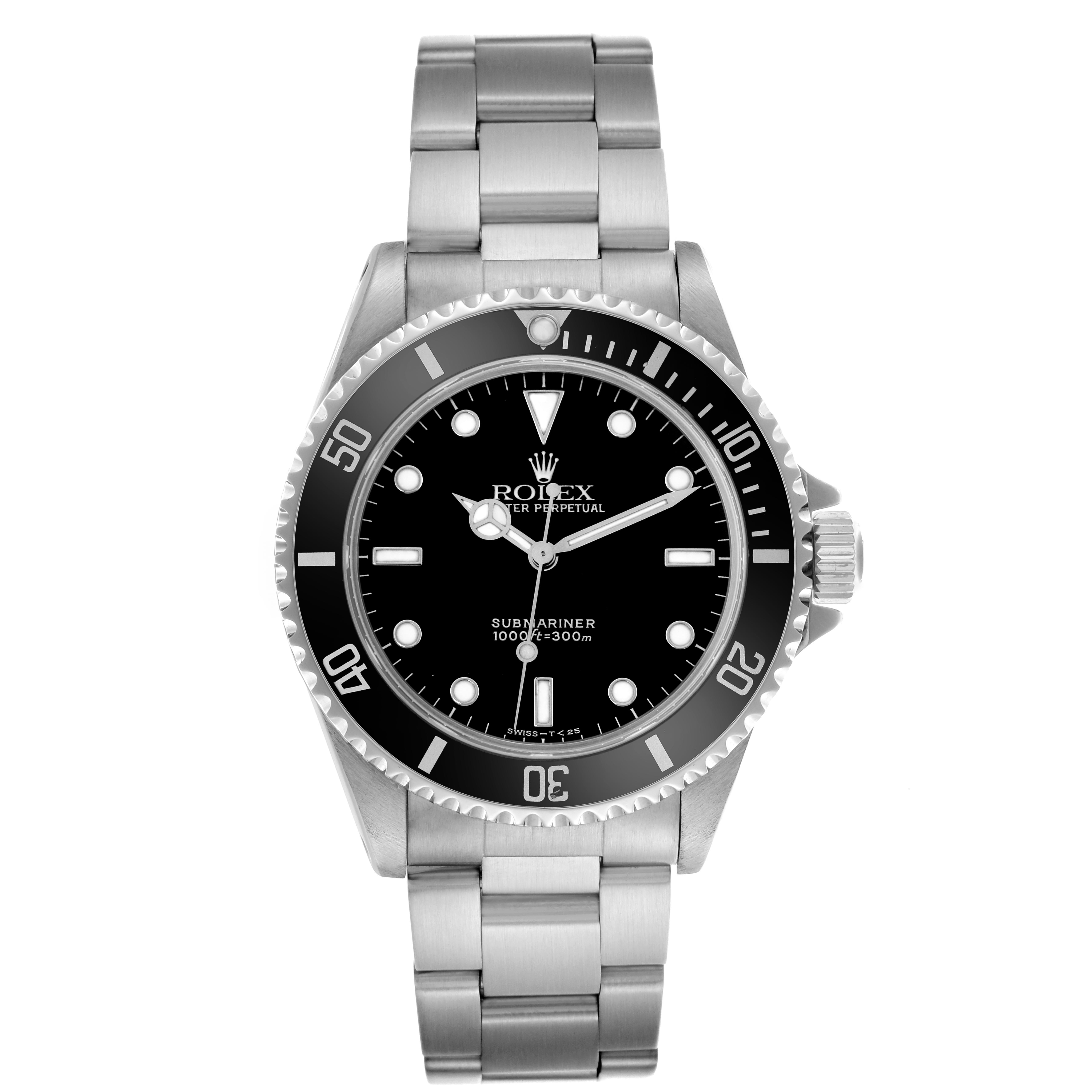 The Rolex Submariner 14060 Men
s Stainless Steel Black Dial 14060 Men
s Stainless Steel Black Dial watch is shown from a top-down angle, displaying the dial, bezel, and bracelet.