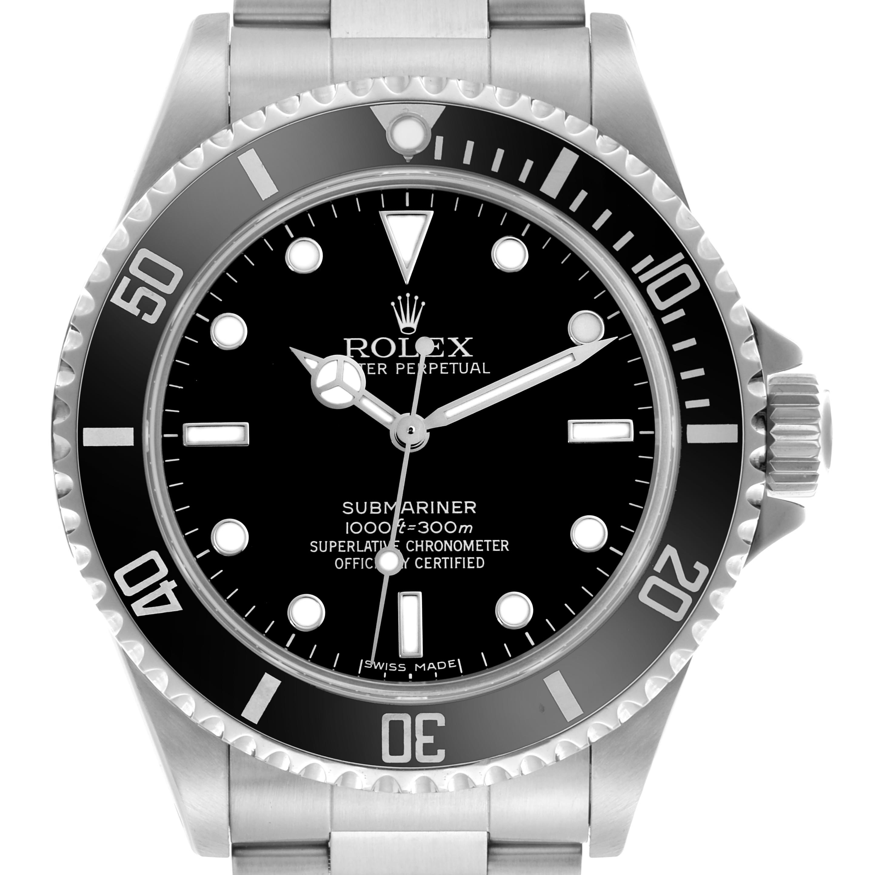 The Rolex Submariner 14060M Men
s Stainless Steel Black Dial 14060M Men
s Stainless Steel Black Dial is shown from the front, displaying its face, bezel, crown, and part of the bracelet.