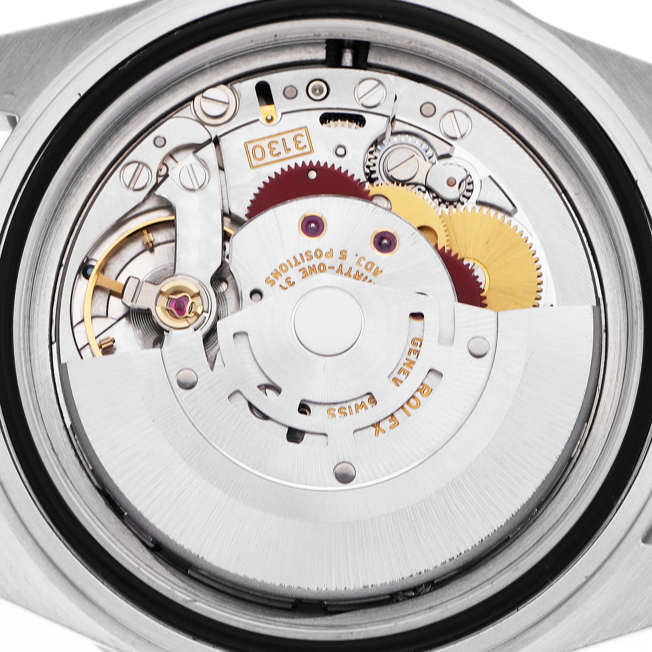 The image shows the open back view of a Rolex Submariner 14060M Men
s Stainless Steel Black Dial 14060M Men
s Stainless Steel Black Dial, revealing its intricate movement and gear components.