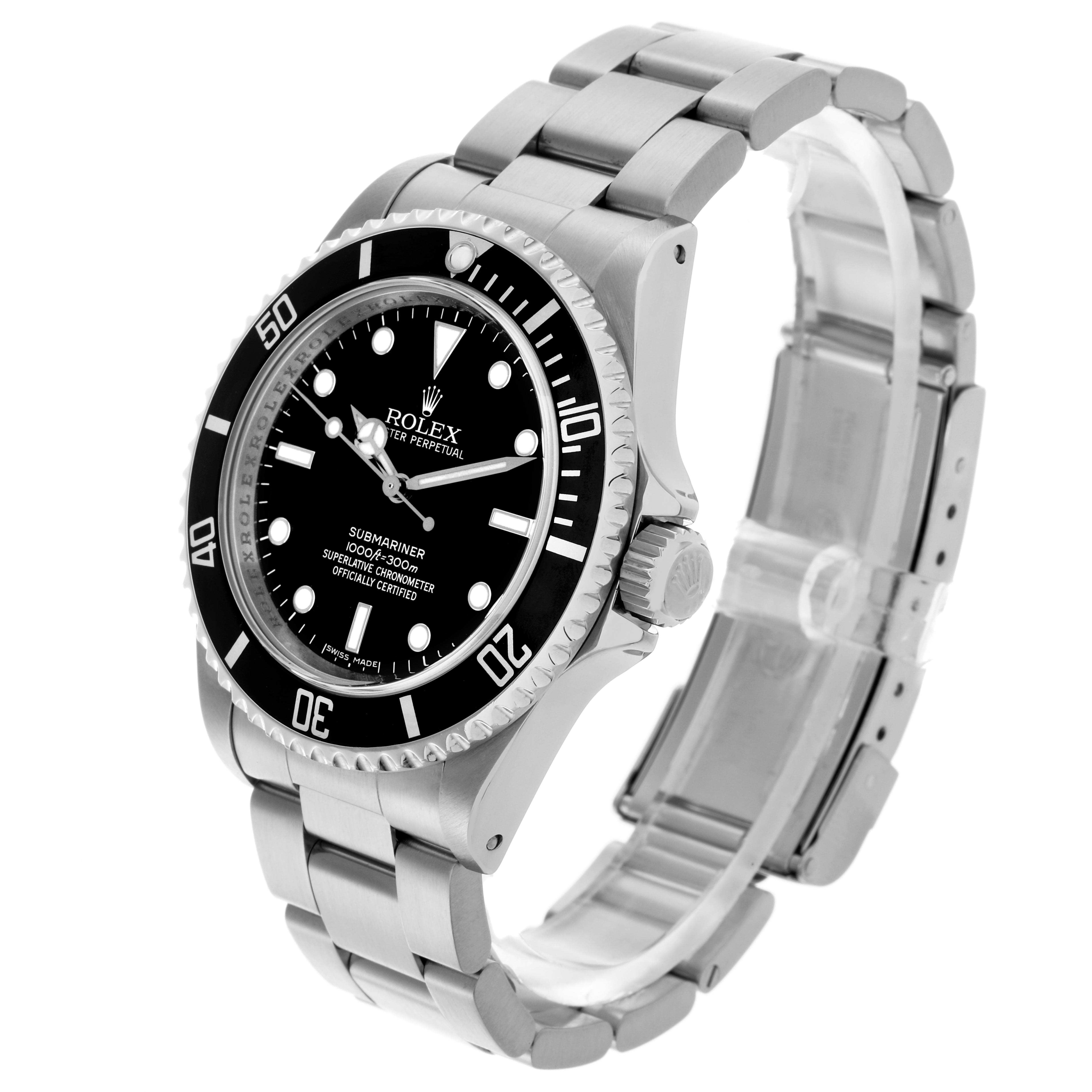 The Rolex Submariner 14060M Men
s Stainless Steel Black Dial 14060M Men
s Stainless Steel Black Dial watch is shown at an angle displaying its dial, bezel, crown, and stainless steel bracelet.