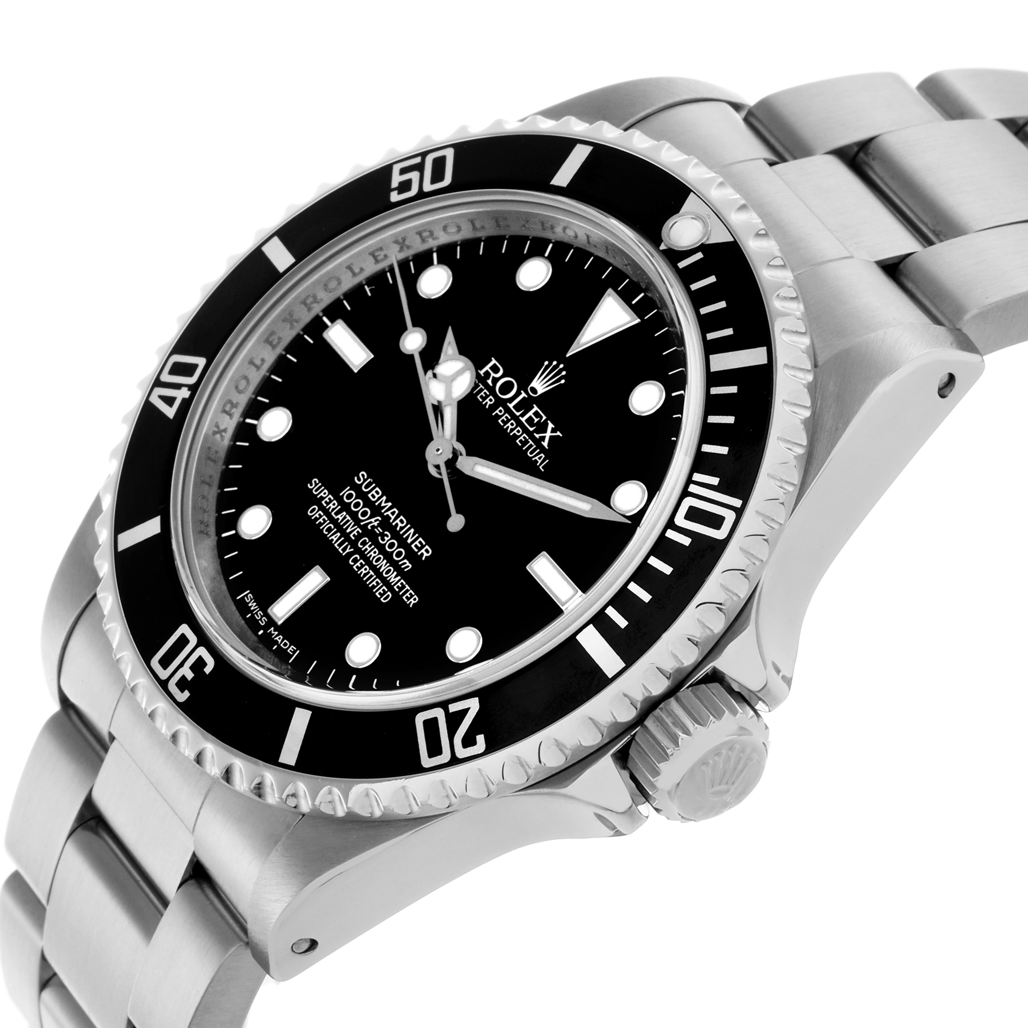 The image shows the Rolex Submariner 14060M Men
s Stainless Steel Black Dial 14060M Men
s Stainless Steel Black Dial watch from a side and top angle, highlighting the bezel, dial, and a portion of the bracelet.