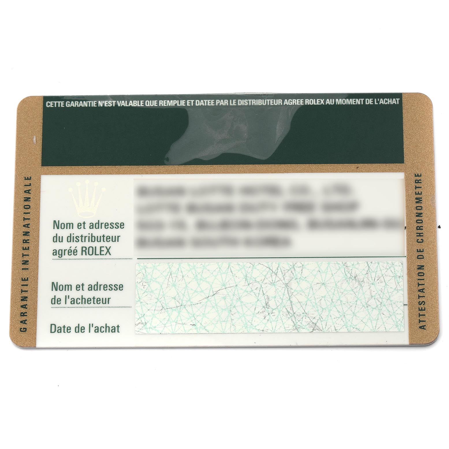 This image shows a warranty card for the Rolex Submariner 14060M Men
s Stainless Steel Black Dial 14060M Men
s Stainless Steel Black Dial, featuring the brand
s logo and purchase details.