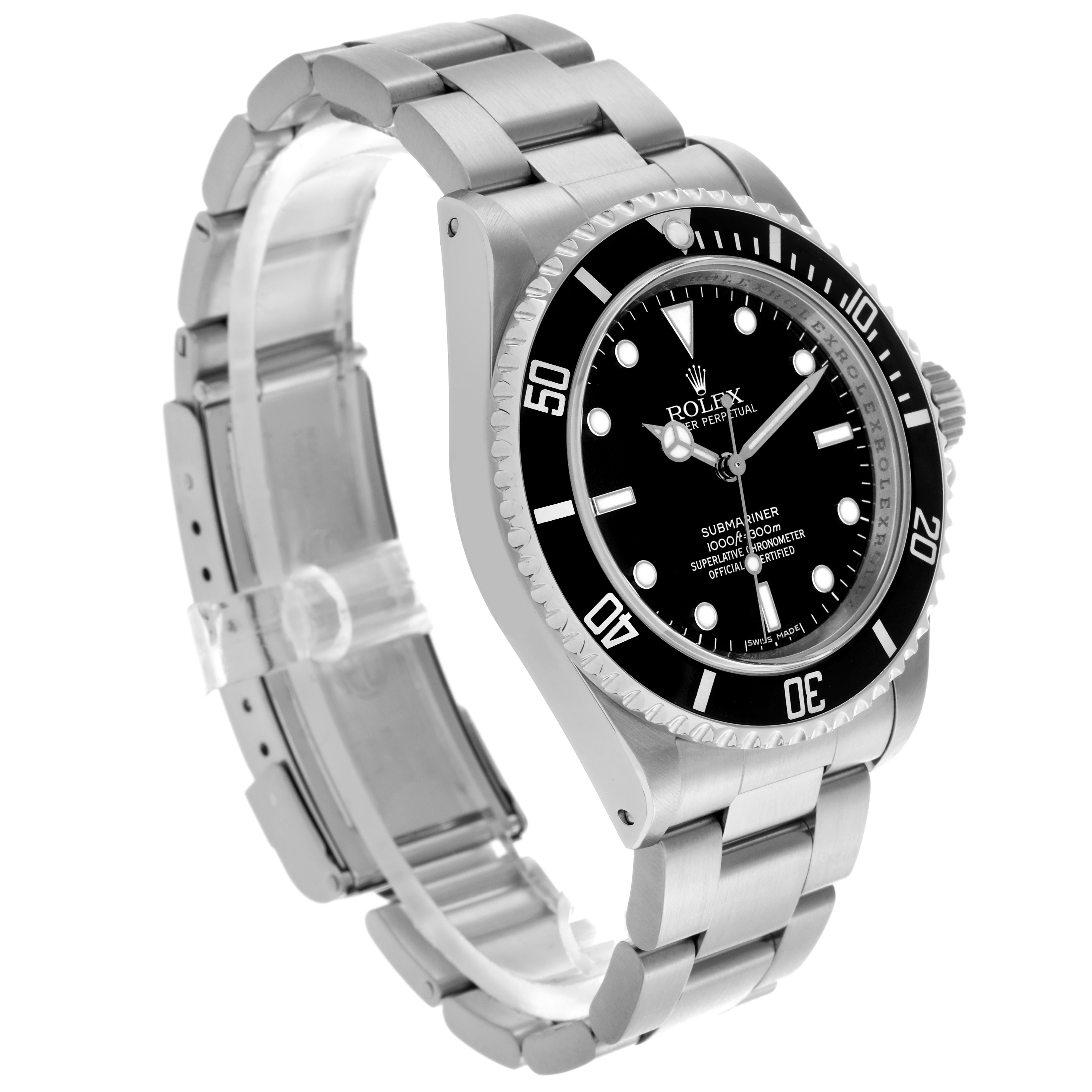 The Rolex Submariner 14060M Men
s Stainless Steel Black Dial 14060M Men
s Stainless Steel Black Dial watch is shown at a three-quarter view, highlighting the face, bezel, crown, and bracelet.