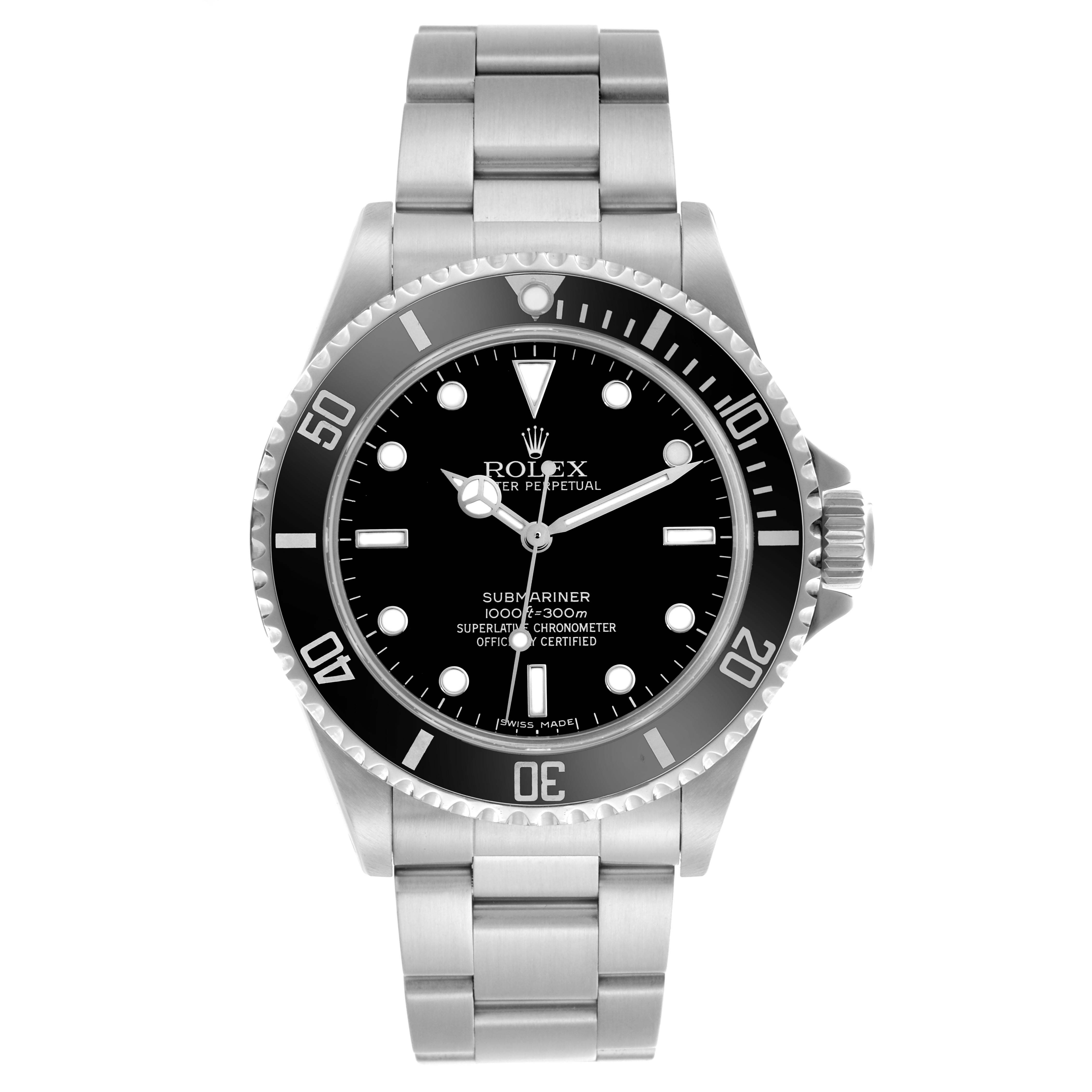 The Rolex Submariner 14060M Men
s Stainless Steel Black Dial 14060M Men
s Stainless Steel Black Dial watch is shown from a front angle, displaying the dial, bezel, and bracelet clearly.