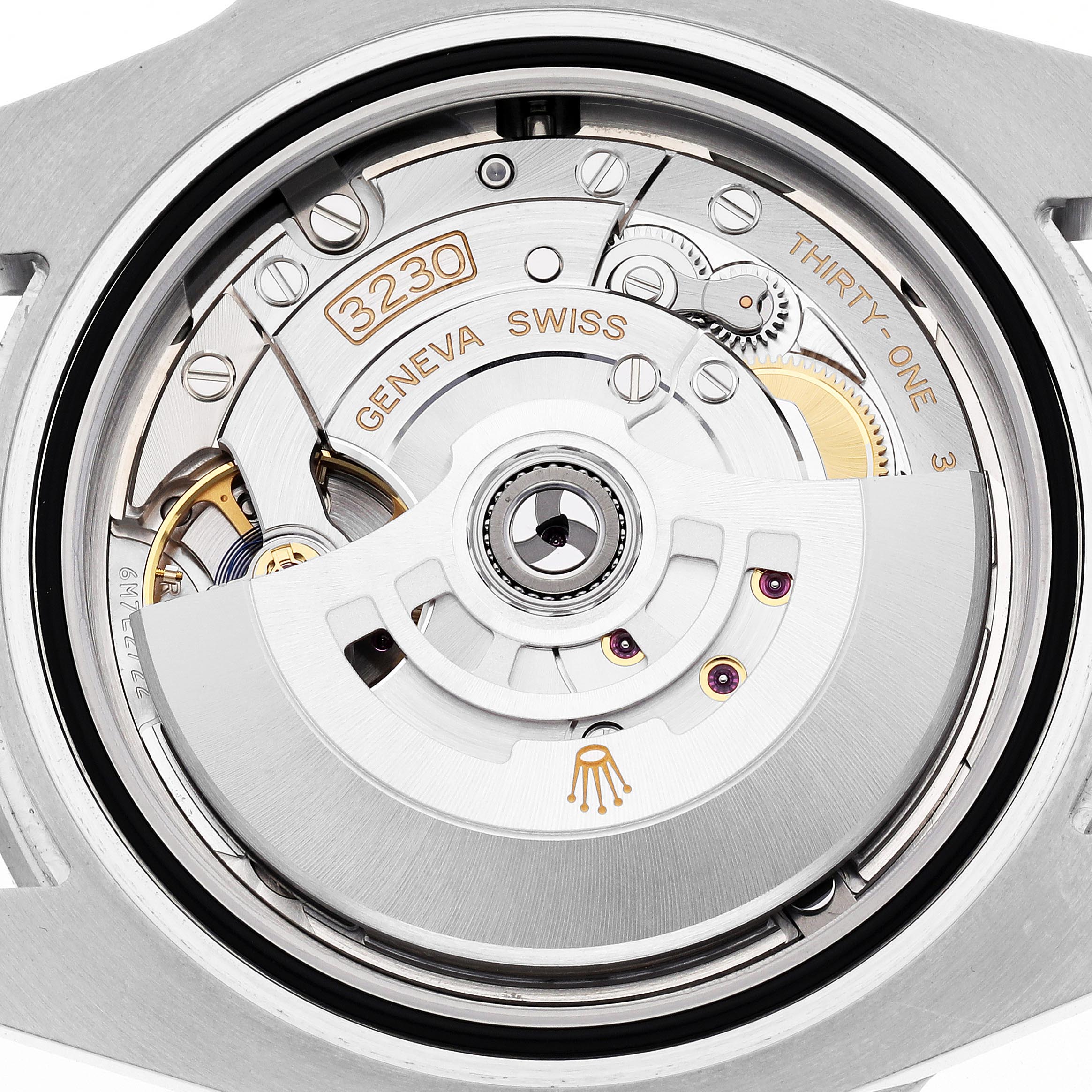 The image shows the Rolex Submariner 124060 Men
s Stainless Steel Black Dial 124060 Men
s Stainless Steel Black Dial movement mechanism from a rear, internal angle, highlighting the rotor and intricate components.