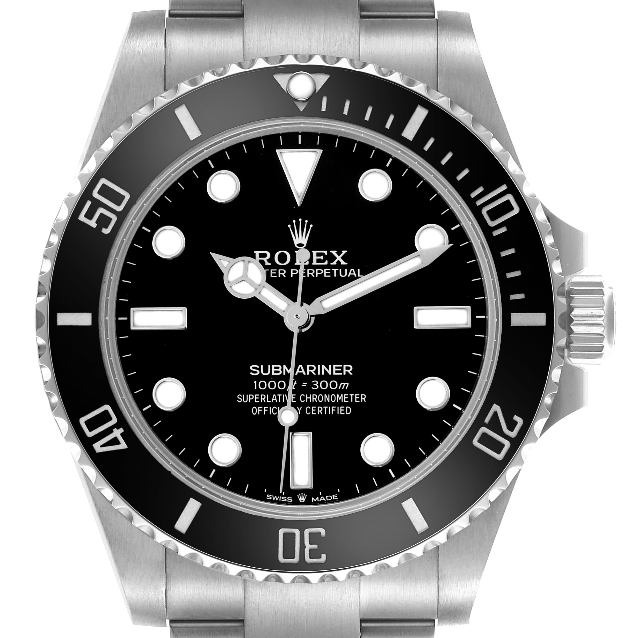 The Rolex Submariner 124060 Men
s Stainless Steel Black Dial 124060 Men
s Stainless Steel Black Dial watch is shown from the front, displaying its dial, bezel, and bracelet top sections.