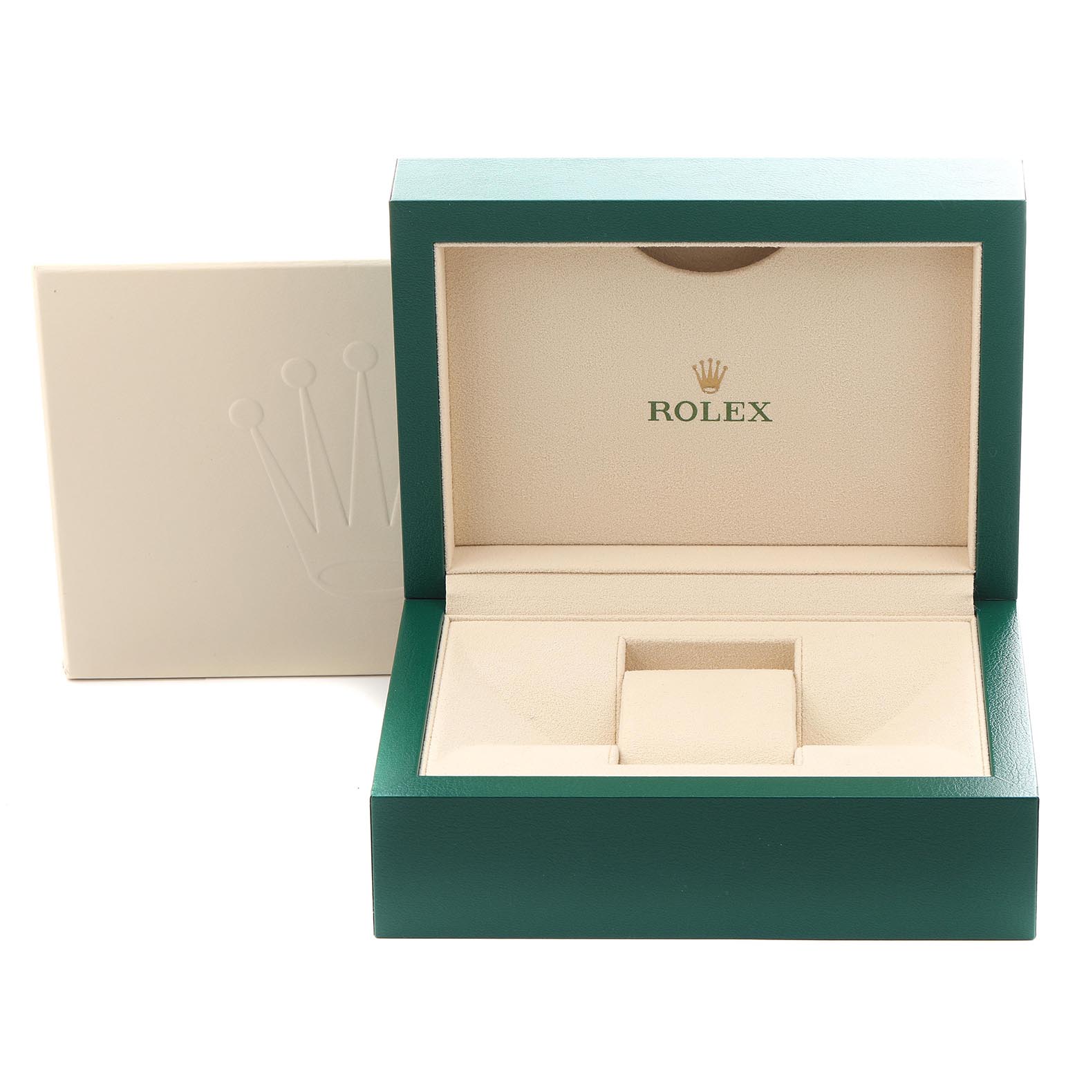 The image shows an open Rolex Submariner 124060 Men
s Stainless Steel Black Dial 124060 Men
s Stainless Steel Black Dial watch box from a frontal angle, revealing the interior cushion and compartments.