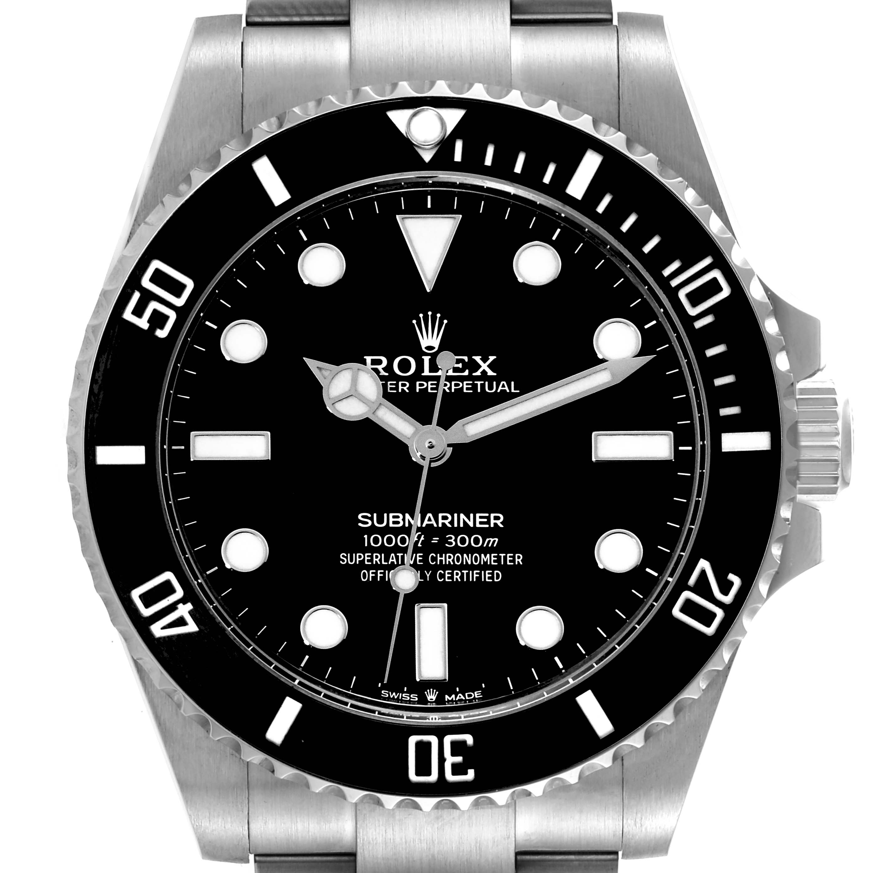 The image shows a front view of the Rolex Submariner 124060 Men
s Stainless Steel Black Dial 124060 Men
s Stainless Steel Black Dial watch, displaying the dial, bezel, crown, and part of the bracelet.