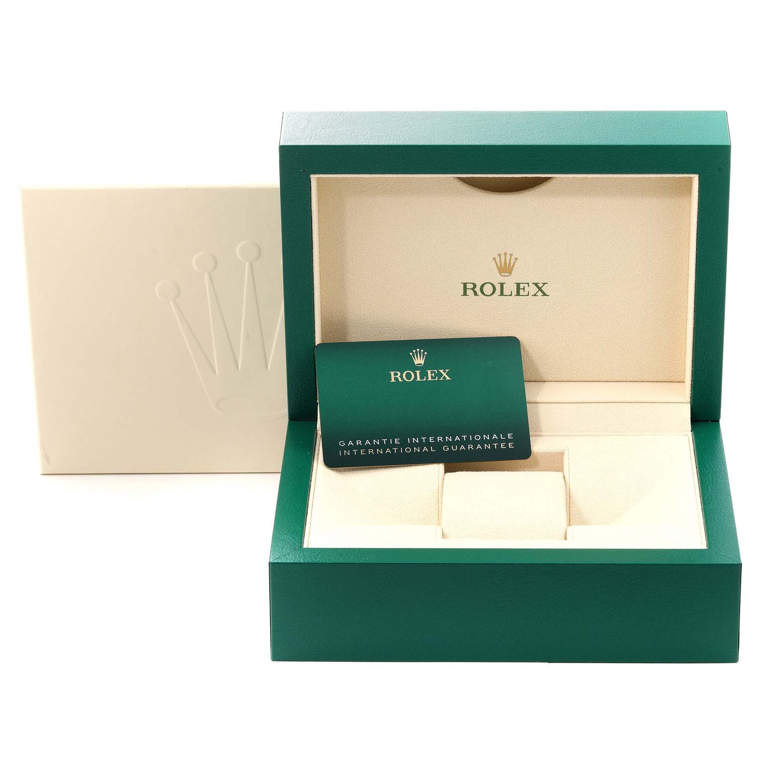 This image shows an open Rolex Submariner 124060 Men
s Stainless Steel Black Dial 124060 Men
s Stainless Steel Black Dial watch box including the interior case, warranty card, and outer packaging.