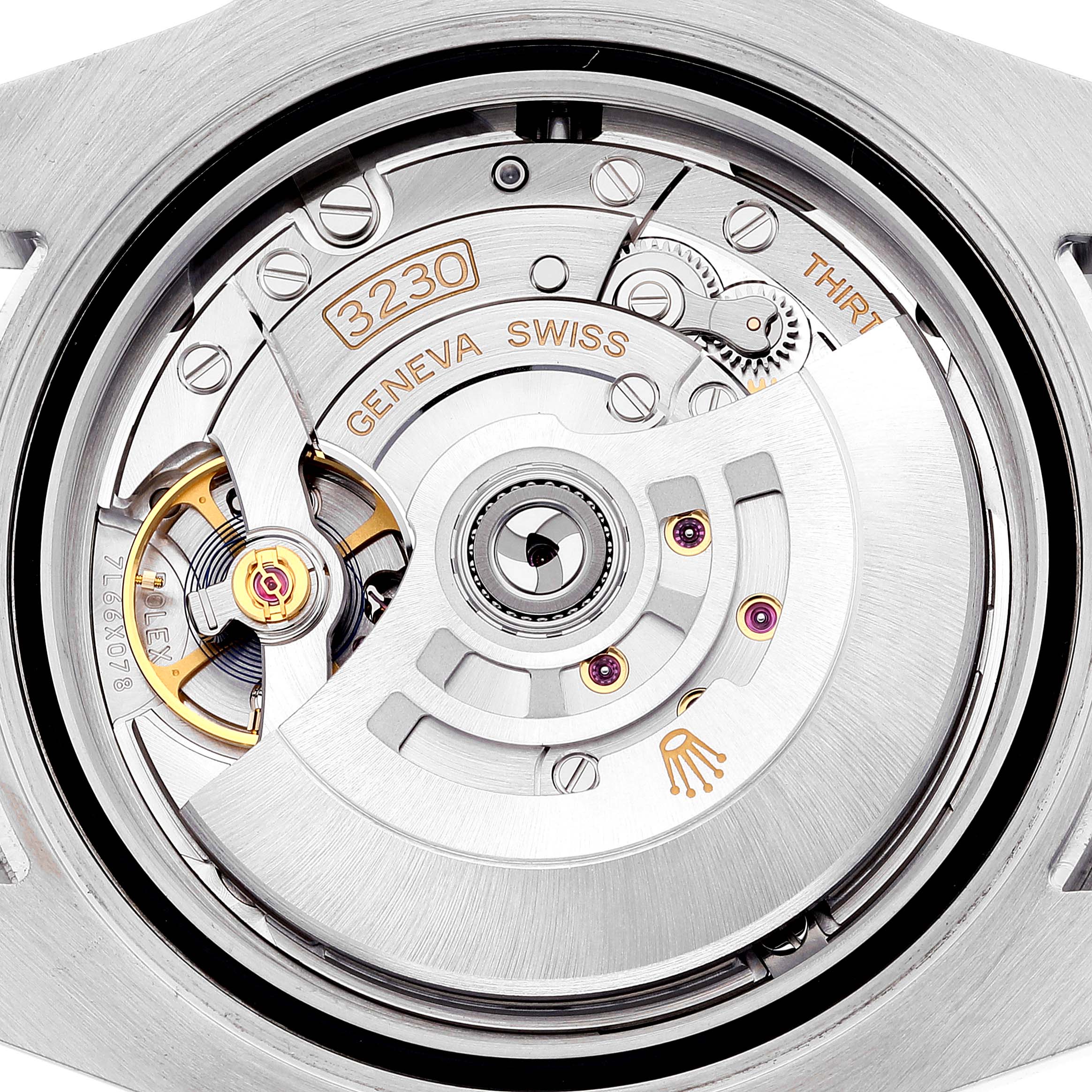 This image shows a close-up of the movement mechanism of a Rolex Submariner 124060 Men
s Stainless Steel Black Dial 124060 Men
s Stainless Steel Black Dial watch from the back, highlighting the intricate inner components and engraving.