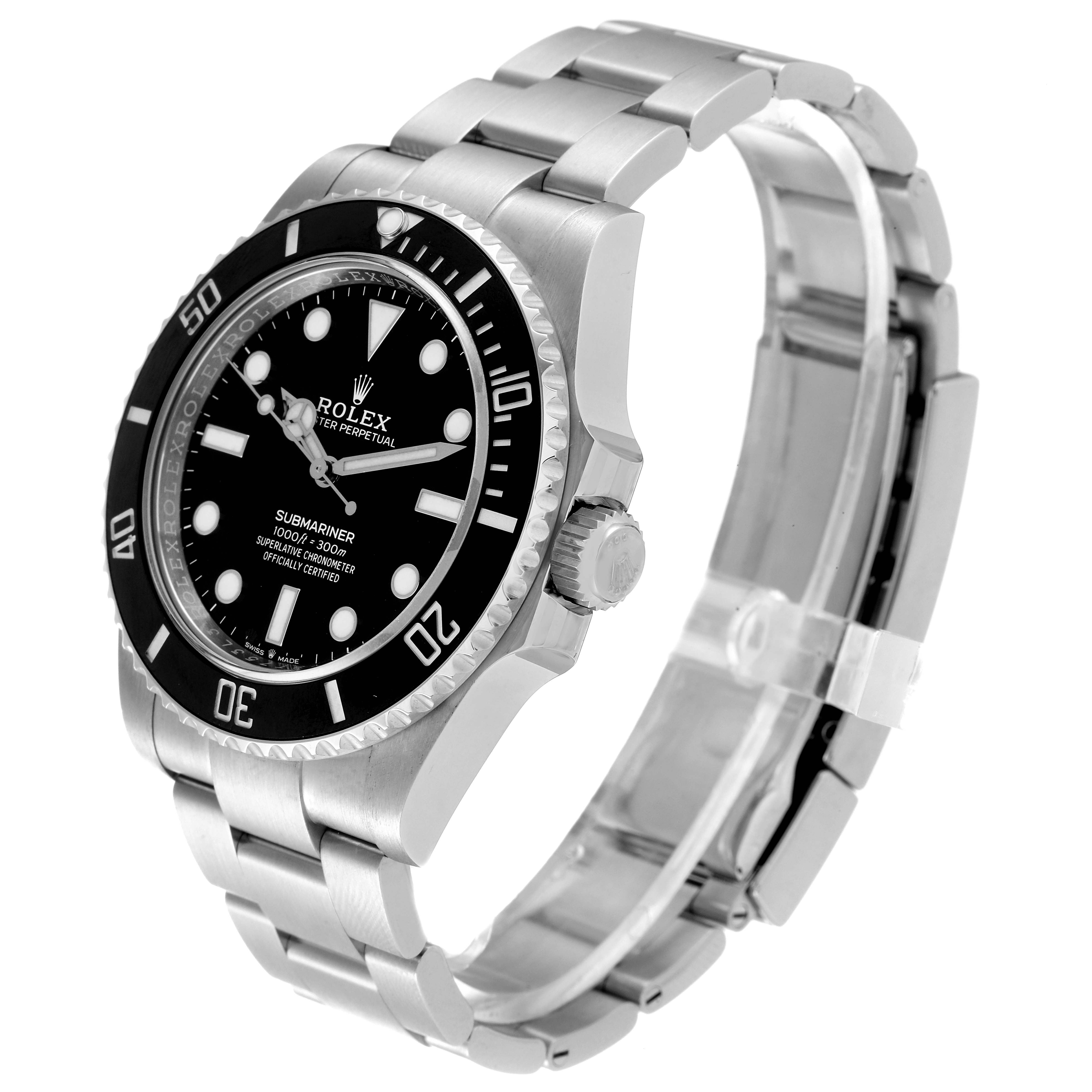 The image shows a side angle of the Rolex Submariner 124060 Men
s Stainless Steel Black Dial 124060 Men
s Stainless Steel Black Dial watch, highlighting the bracelet, bezel, crown, and face.